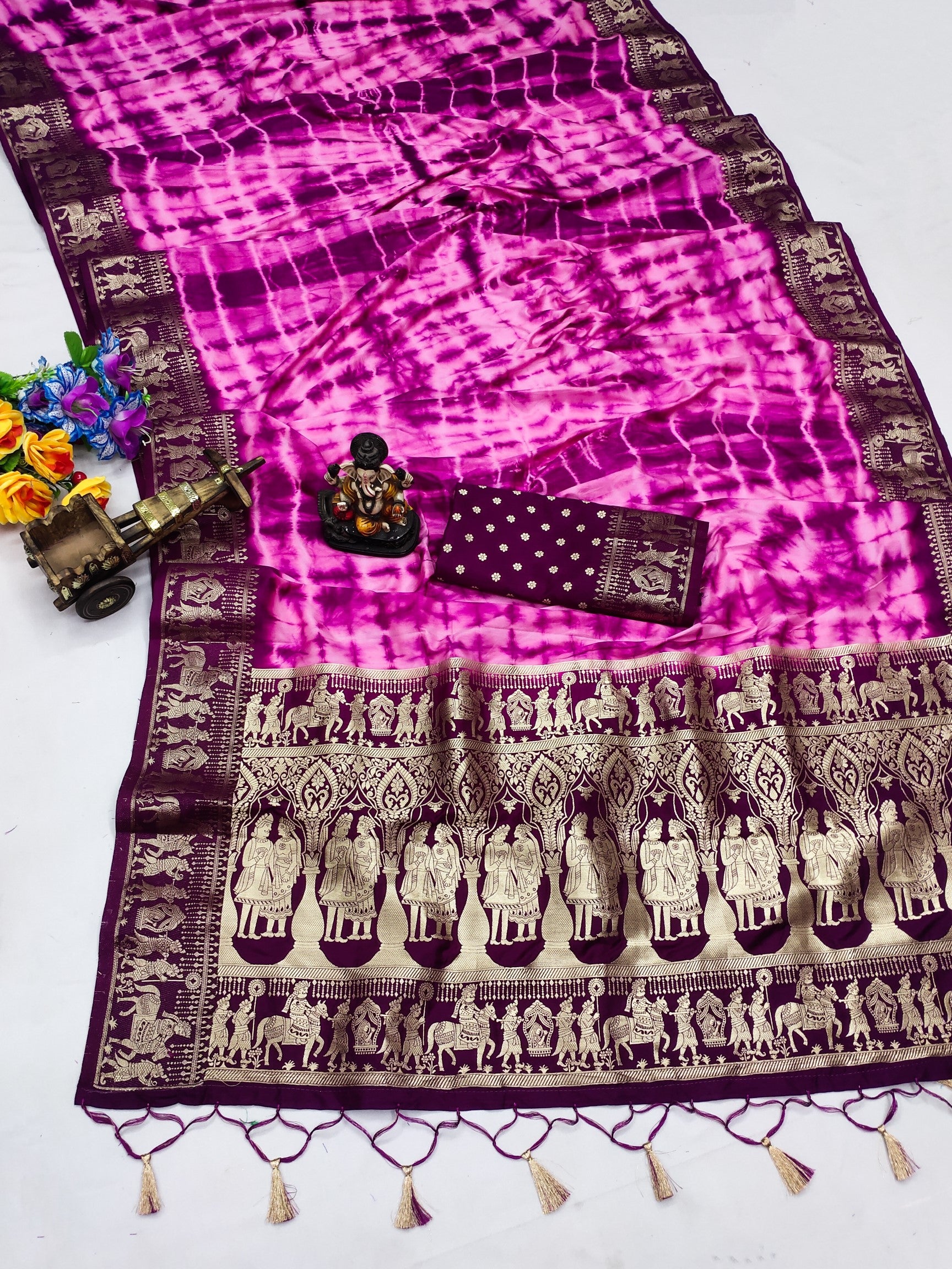 Purple And Pink Soft Dola Silk Shibori Saree With Zari Weaving