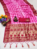 Red And White Soft Dola Silk Shibori Saree With Zari Weaving