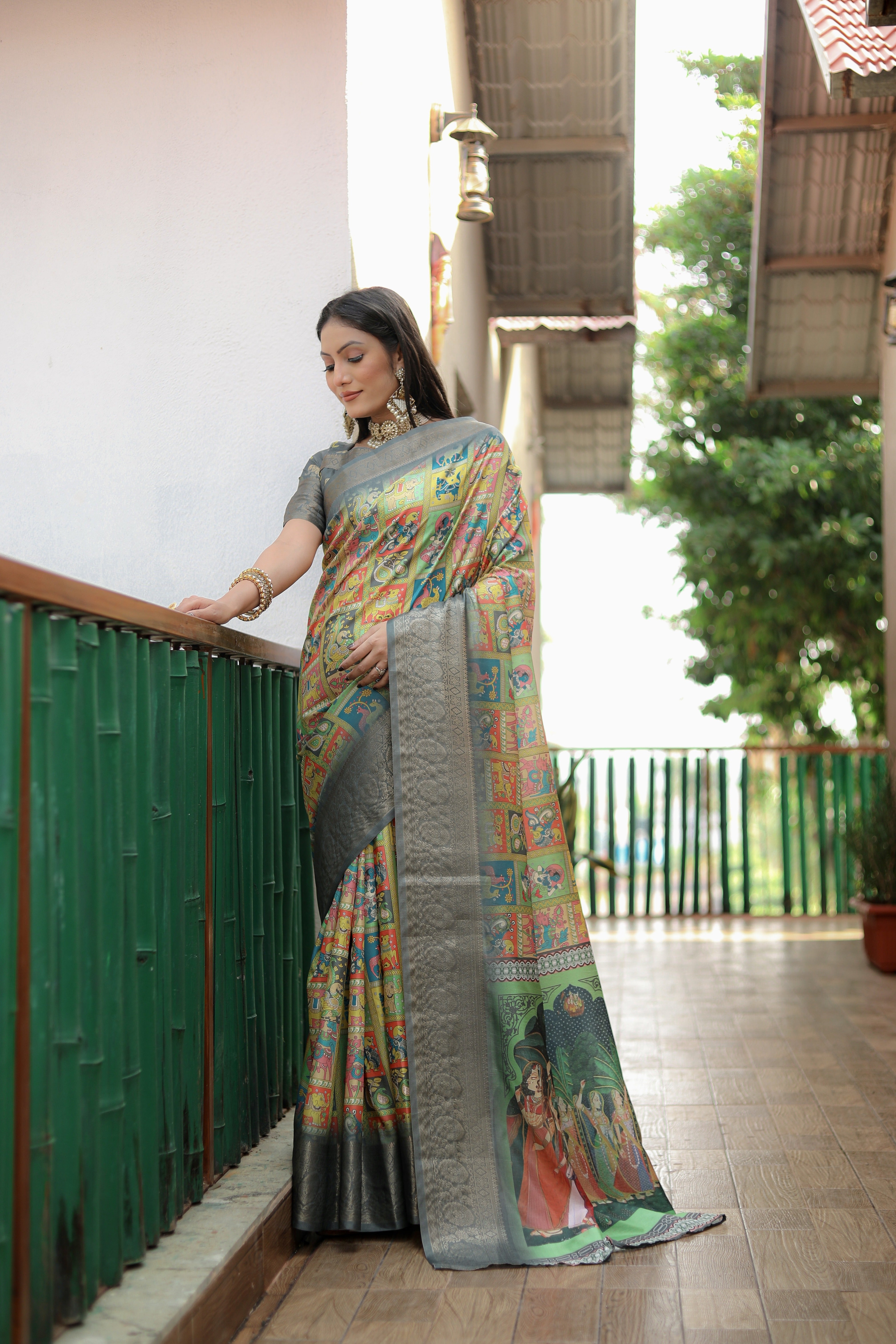 Grey Soft Dola Silk saree with Kalamkari digital Print