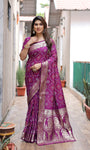 Purple Handpicked Soft Dola Silk Bandhani Saree With Zari Weaving Design