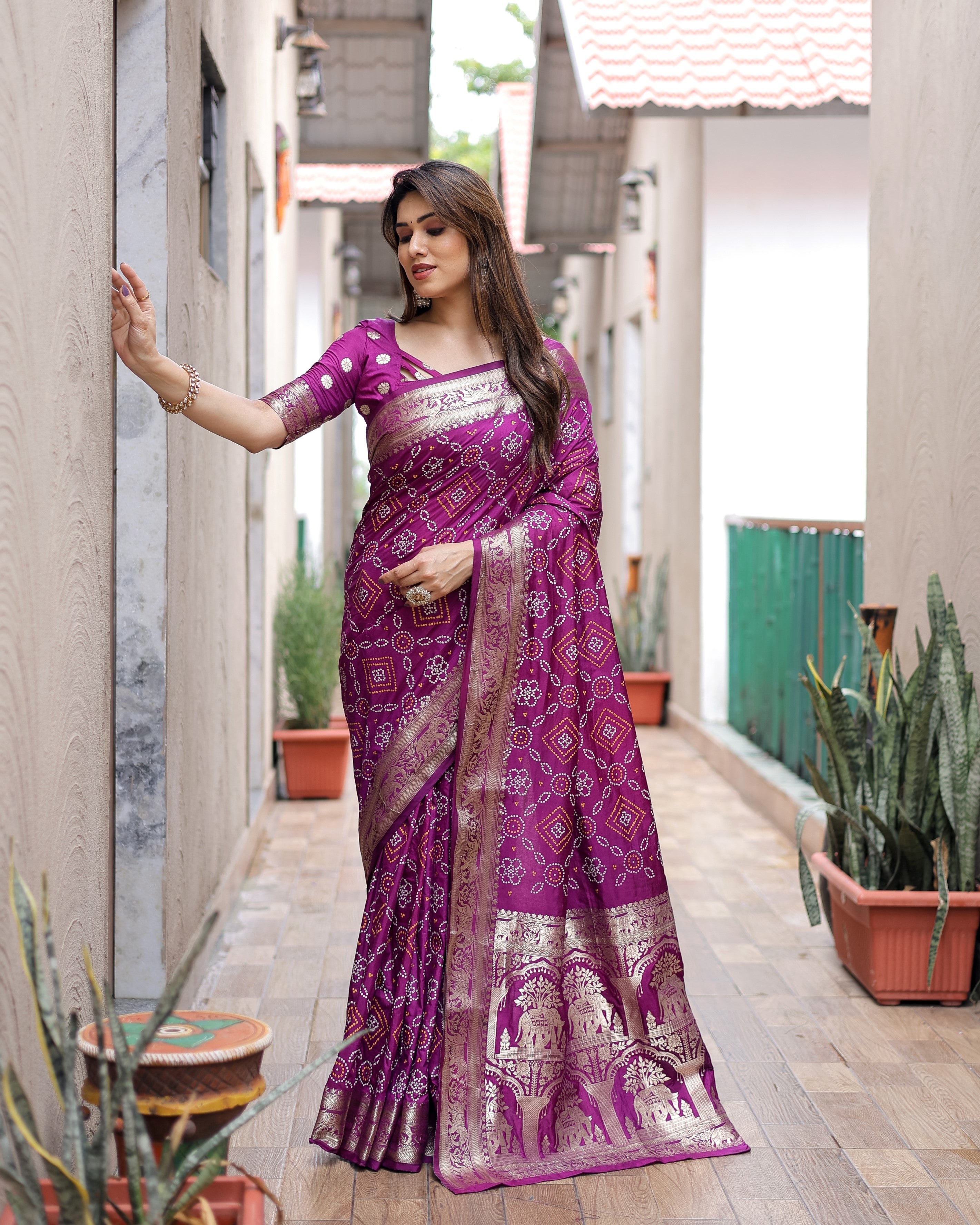 Purple Handpicked Soft Dola Silk Bandhani Saree With Zari Weaving Design