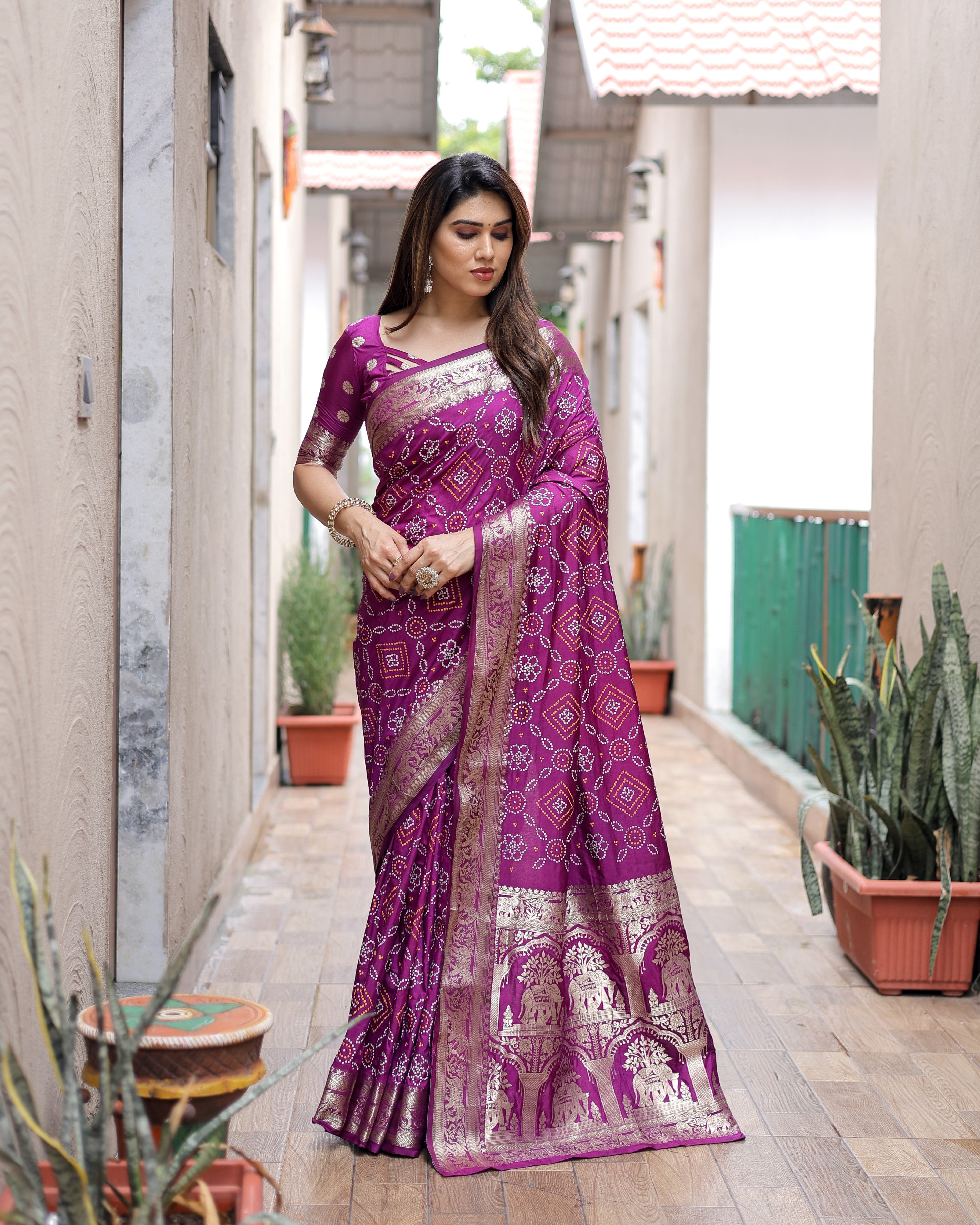 Purple Handpicked Soft Dola Silk Bandhani Saree With Zari Weaving Design