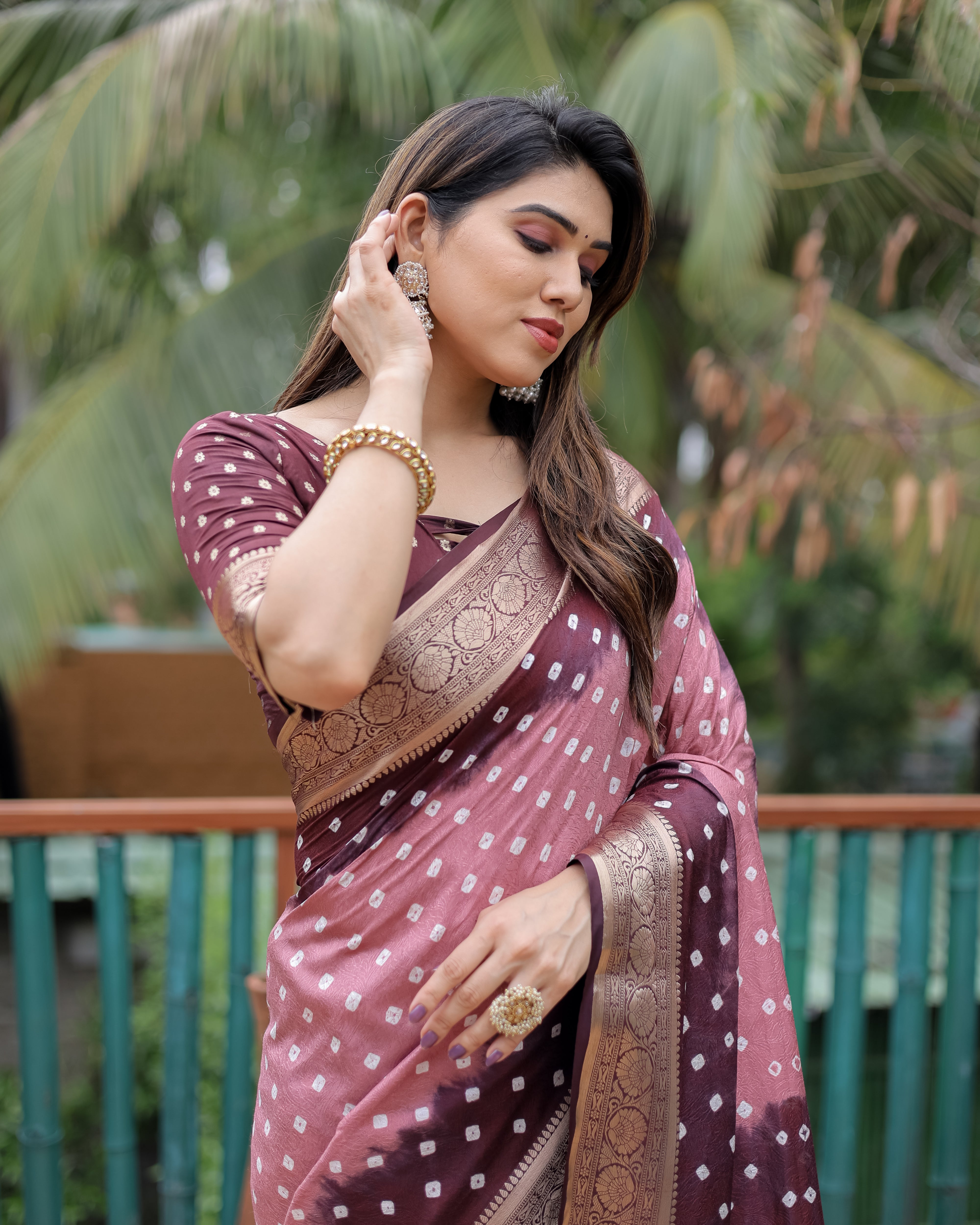 Brown And Peach Paithani with Bandhej Saree With Zari Weaving