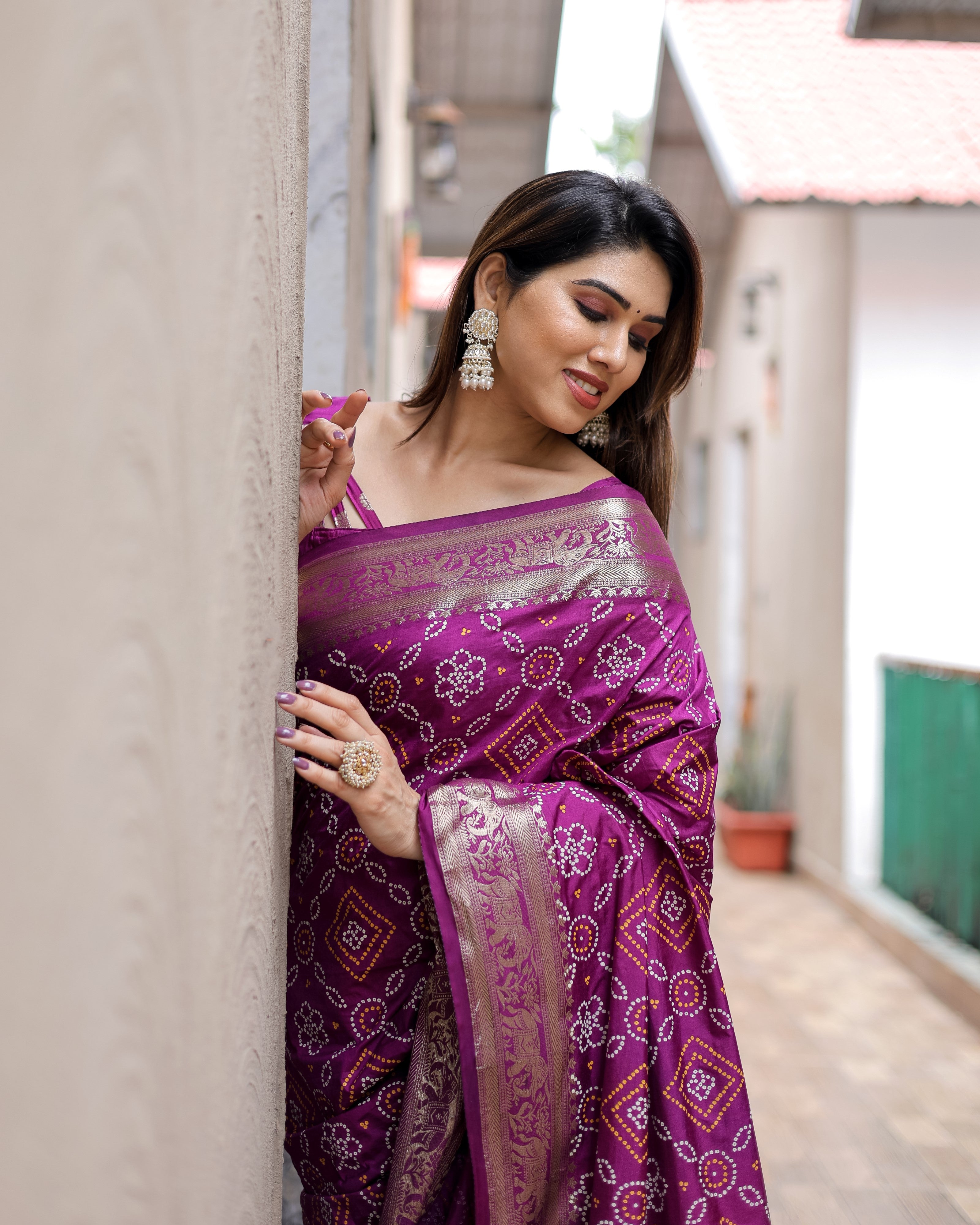 Purple Handpicked Soft Dola Silk Bandhani Saree With Zari Weaving Design