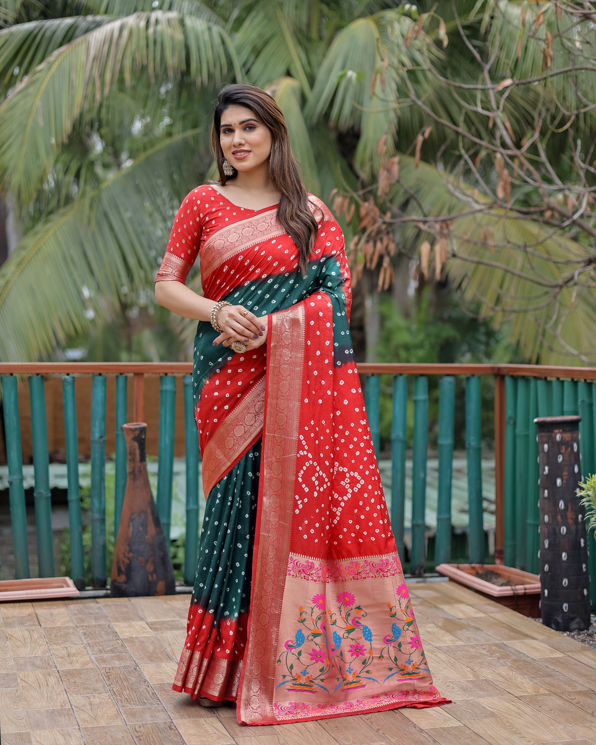 Red And Green Paithani with Bandhej Saree With Zari Weaving