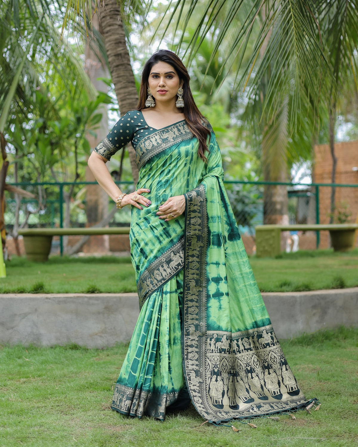 Green And Parrot Soft Dola Silk Shibori Saree With Zari Weaving