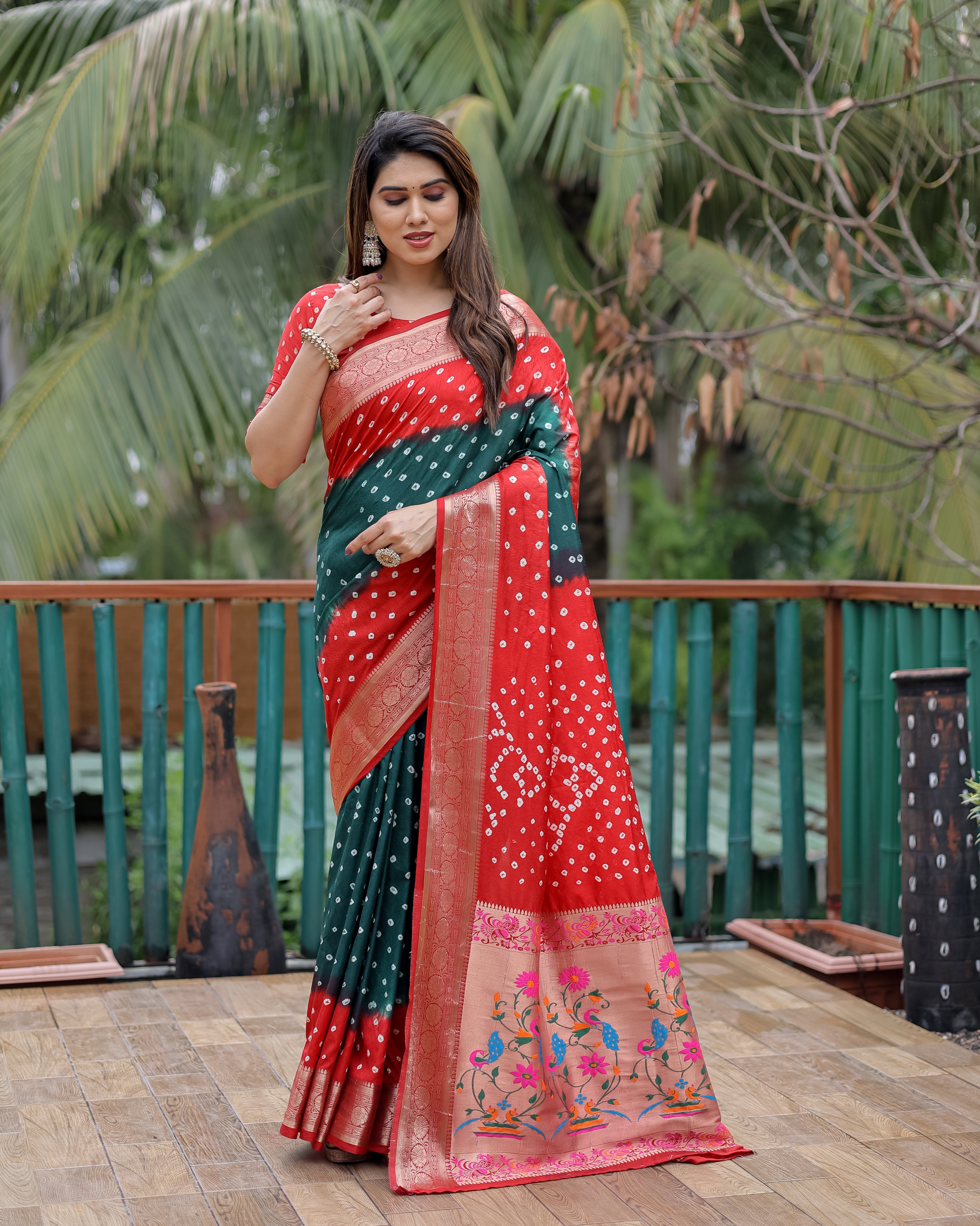 Red And Green Paithani with Bandhej Saree With Zari Weaving