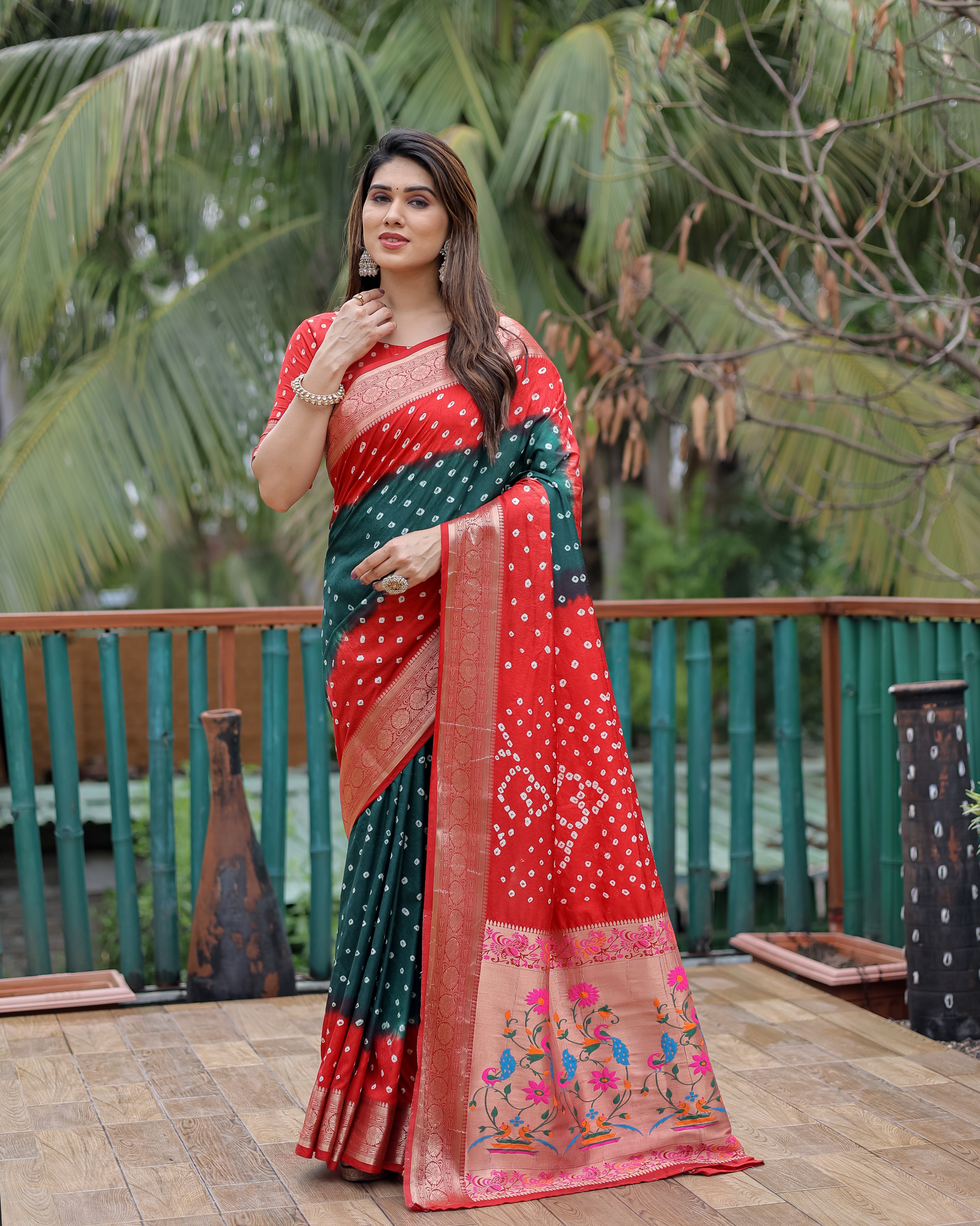 Red And Green Paithani with Bandhej Saree With Zari Weaving