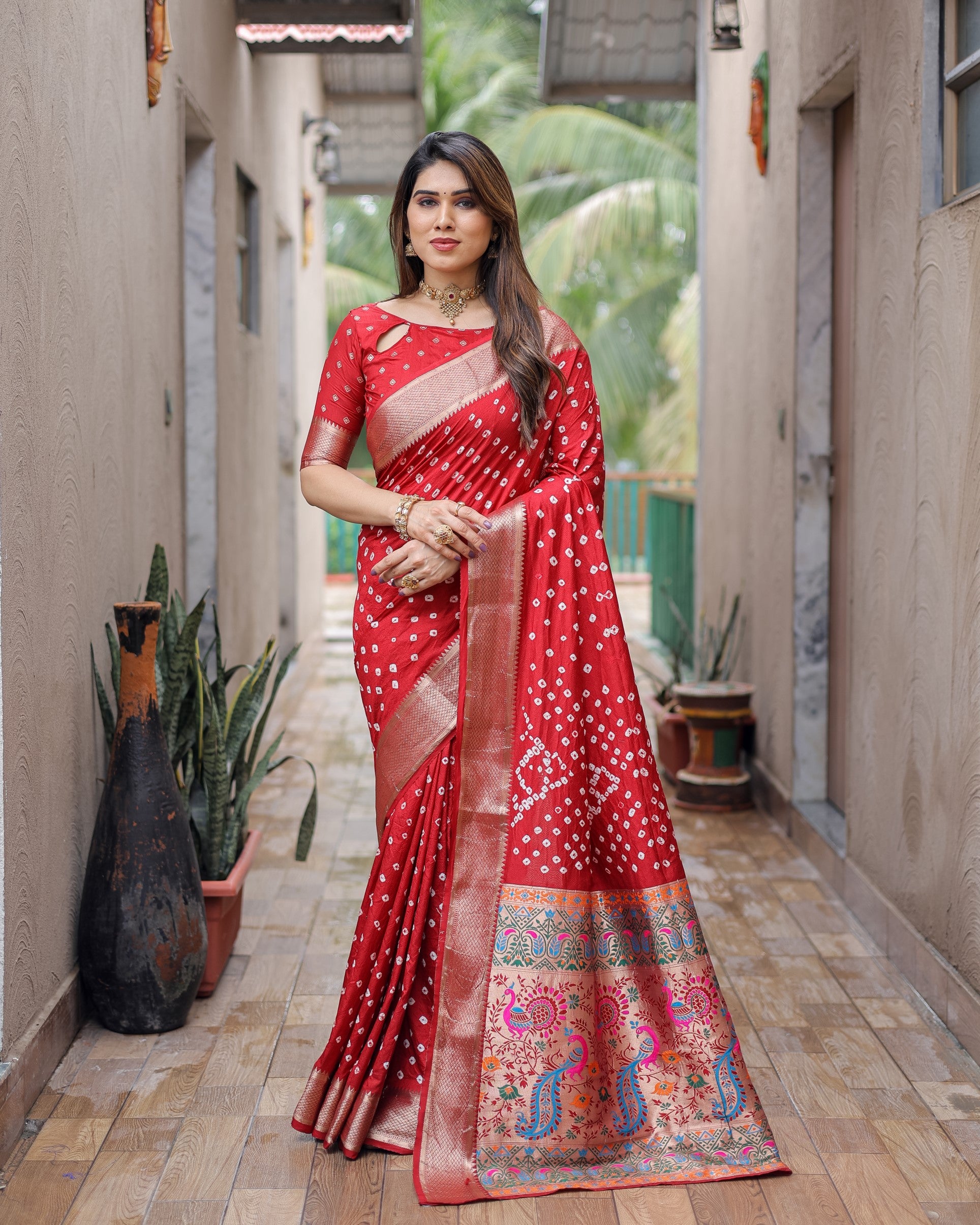 Red Exclusive Unique Designer Bandhej Paithani collection