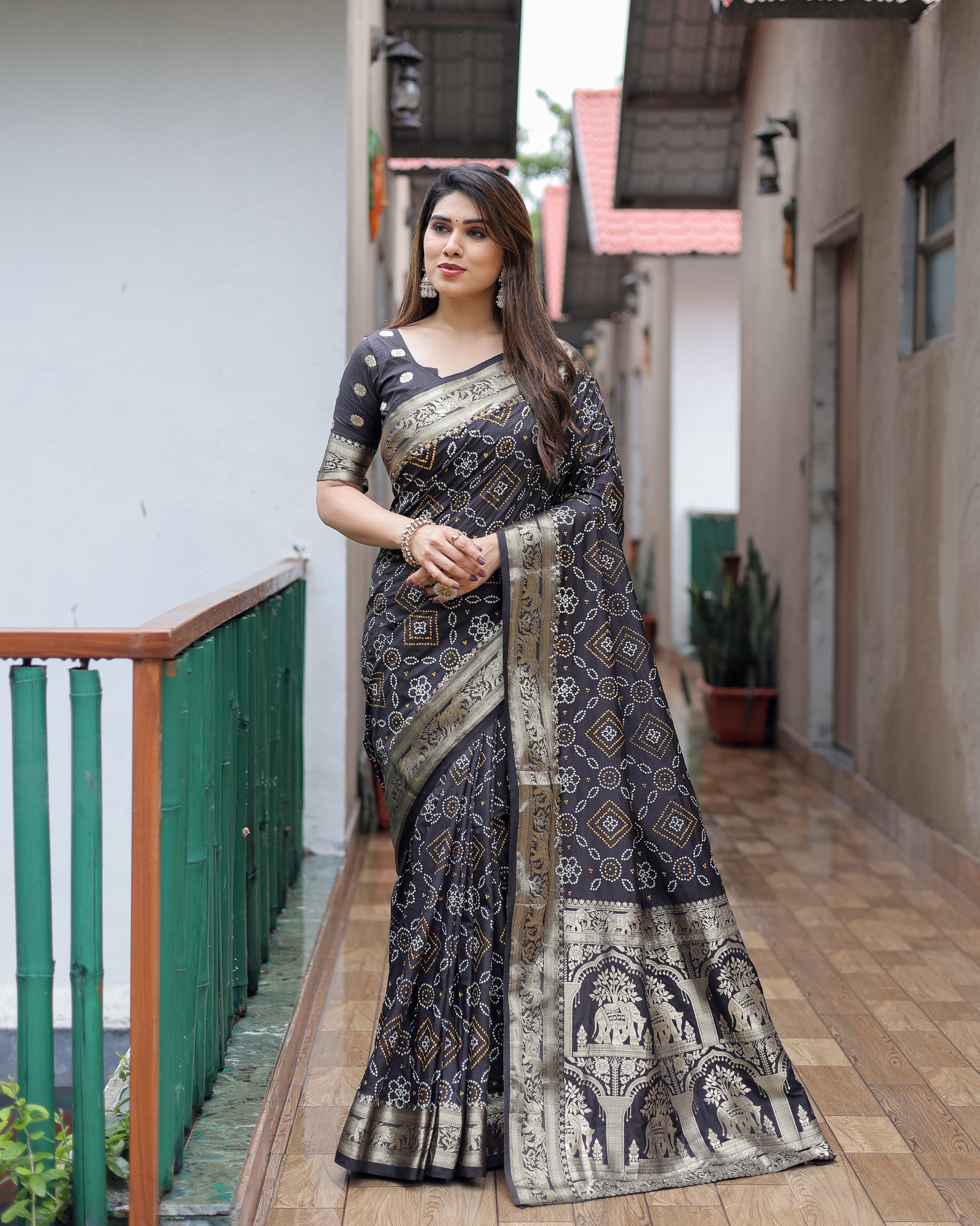 Black Handpicked Soft Dola Silk Bandhani Saree With Zari Weaving Design