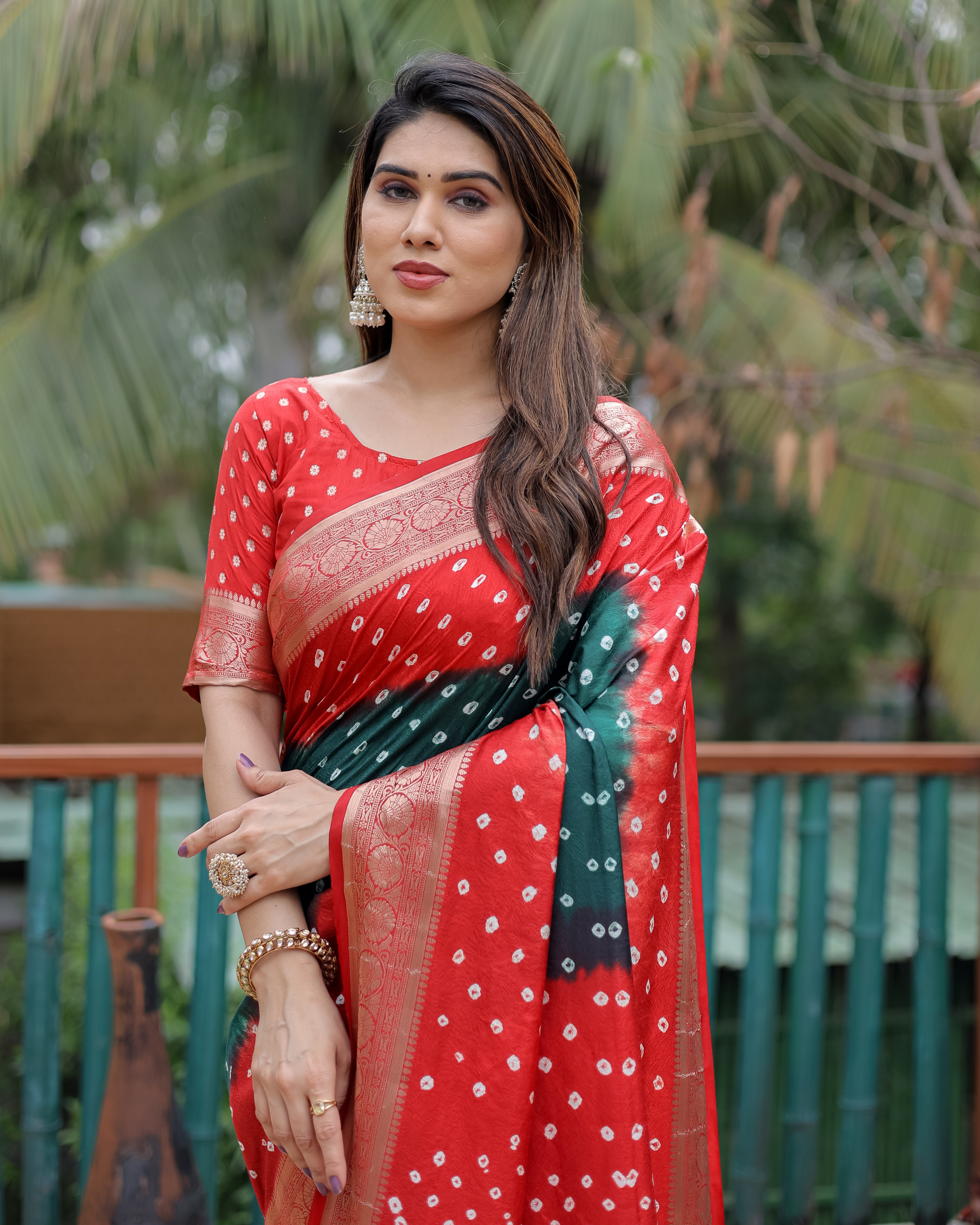 Red And Green Paithani with Bandhej Saree With Zari Weaving