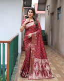 Maroon Handpicked Soft Dola Silk Bandhani Saree With Zari Weaving Design