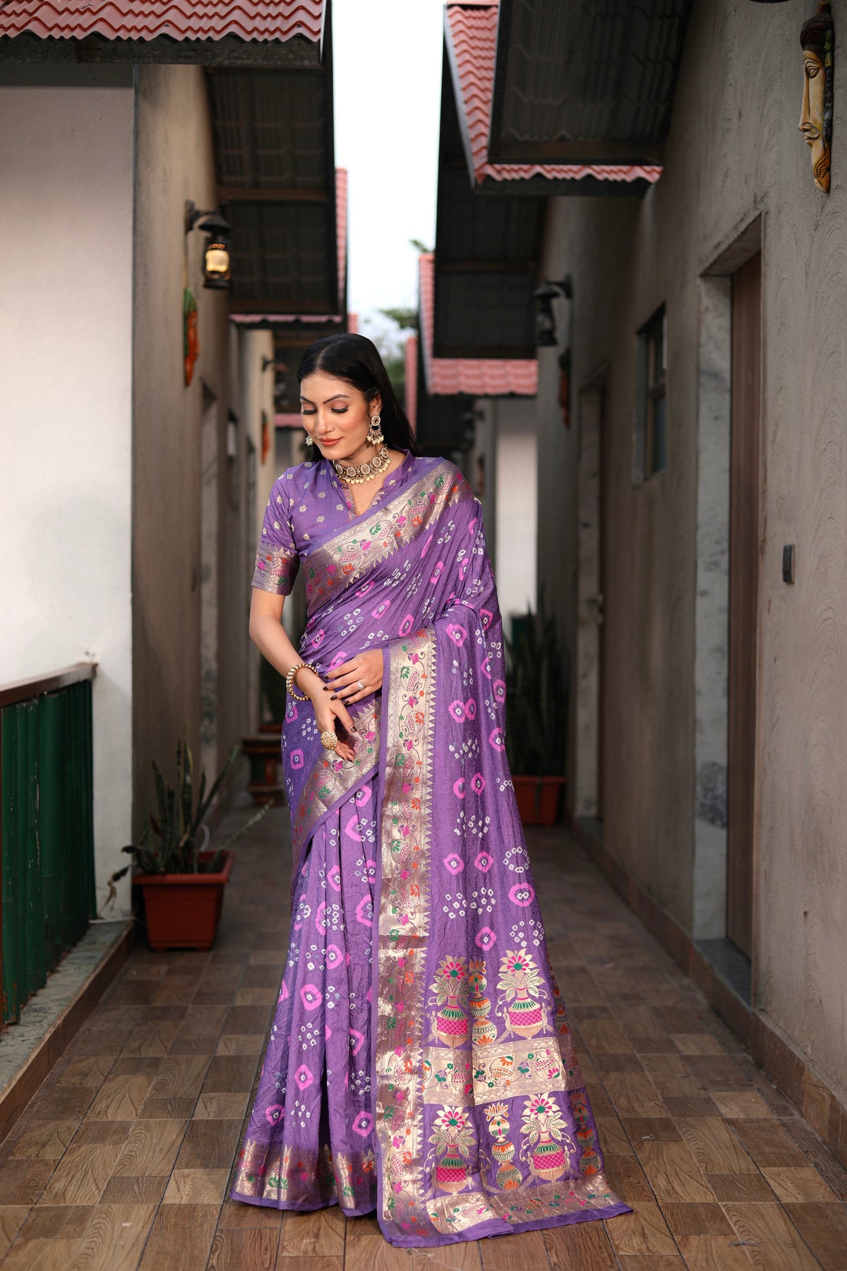 Beautiful Bandhej silk saree with Zari Weaving