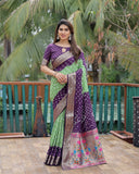 Purple And Pista Paithani with Bandhej Saree With Zari Weaving