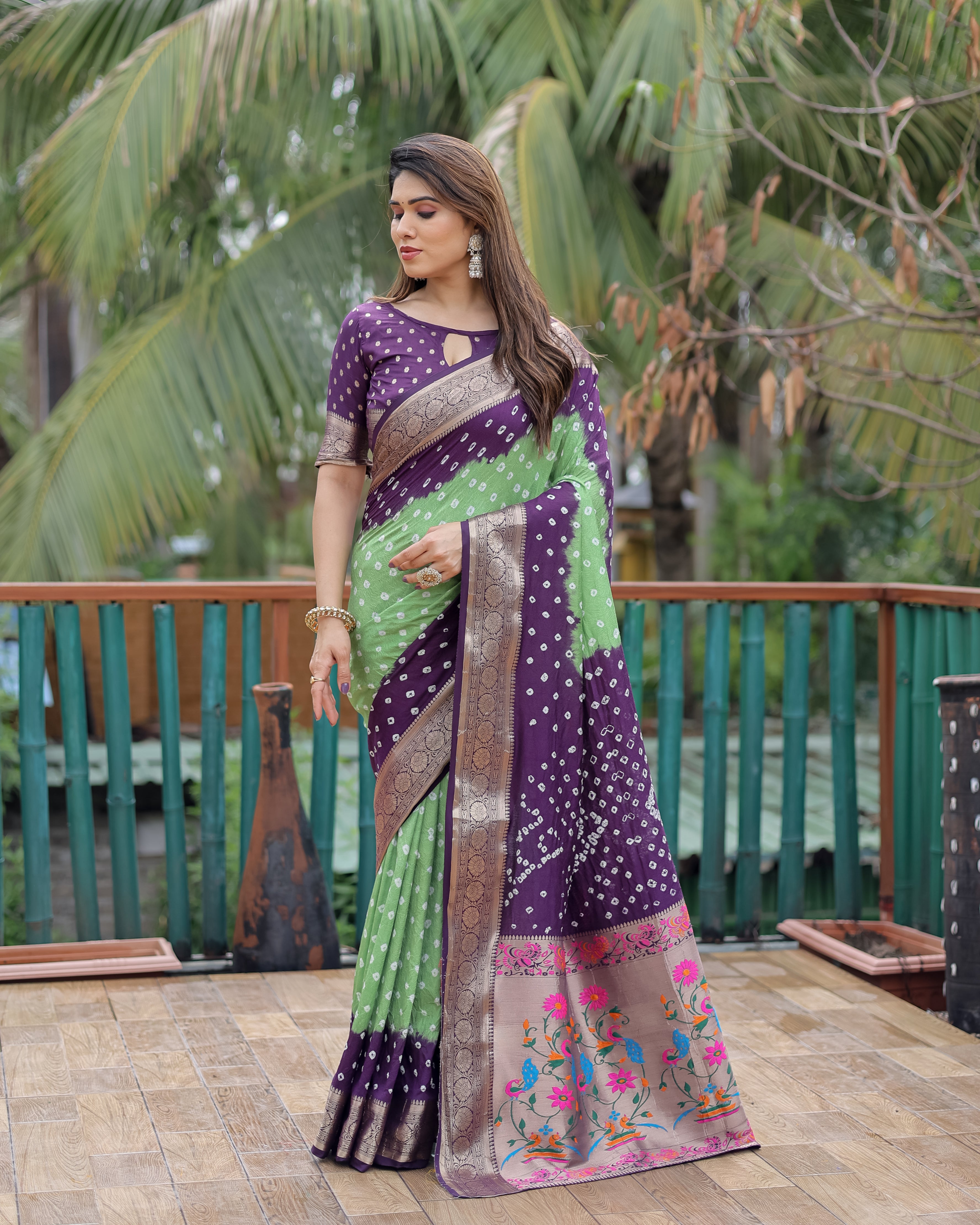 Purple And Pista Paithani with Bandhej Saree With Zari Weaving