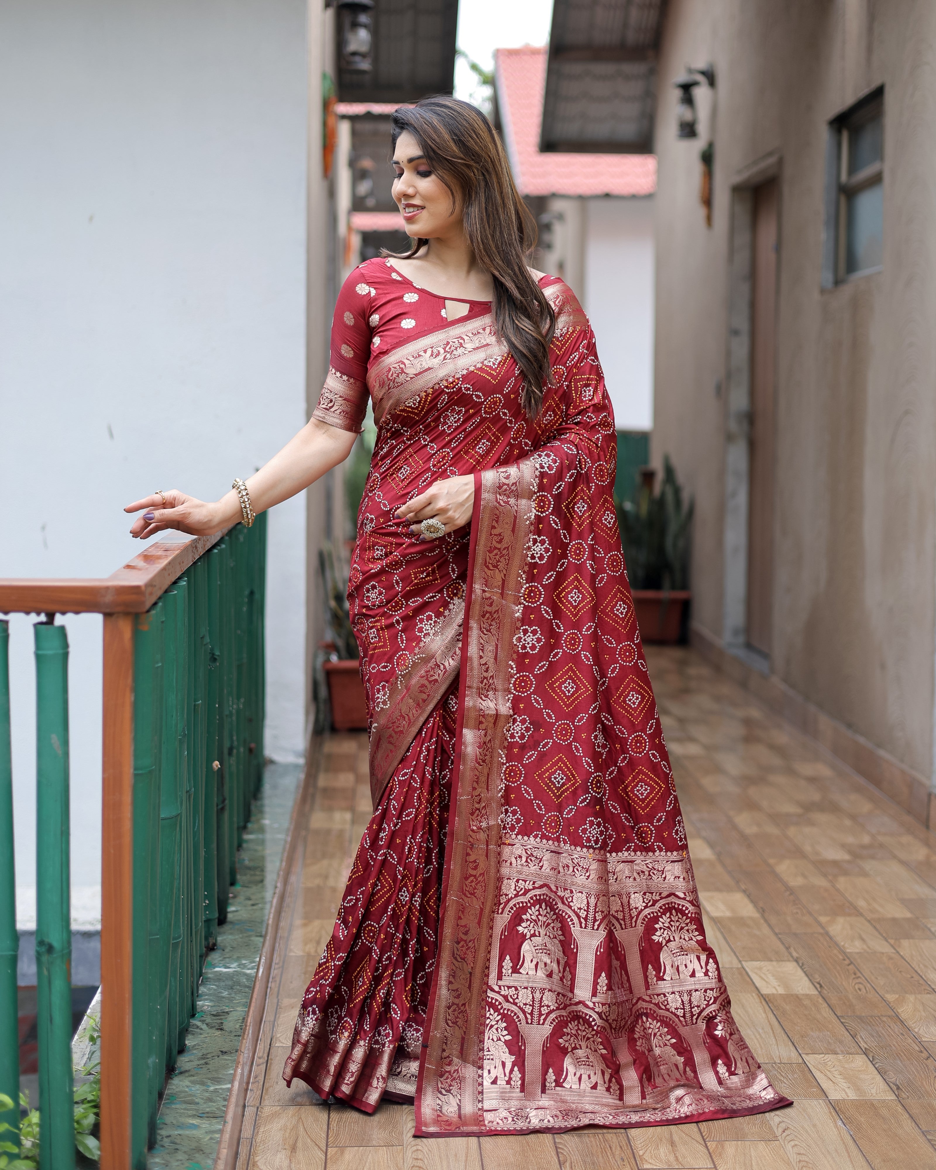 Maroon Handpicked Soft Dola Silk Bandhani Saree With Zari Weaving Design