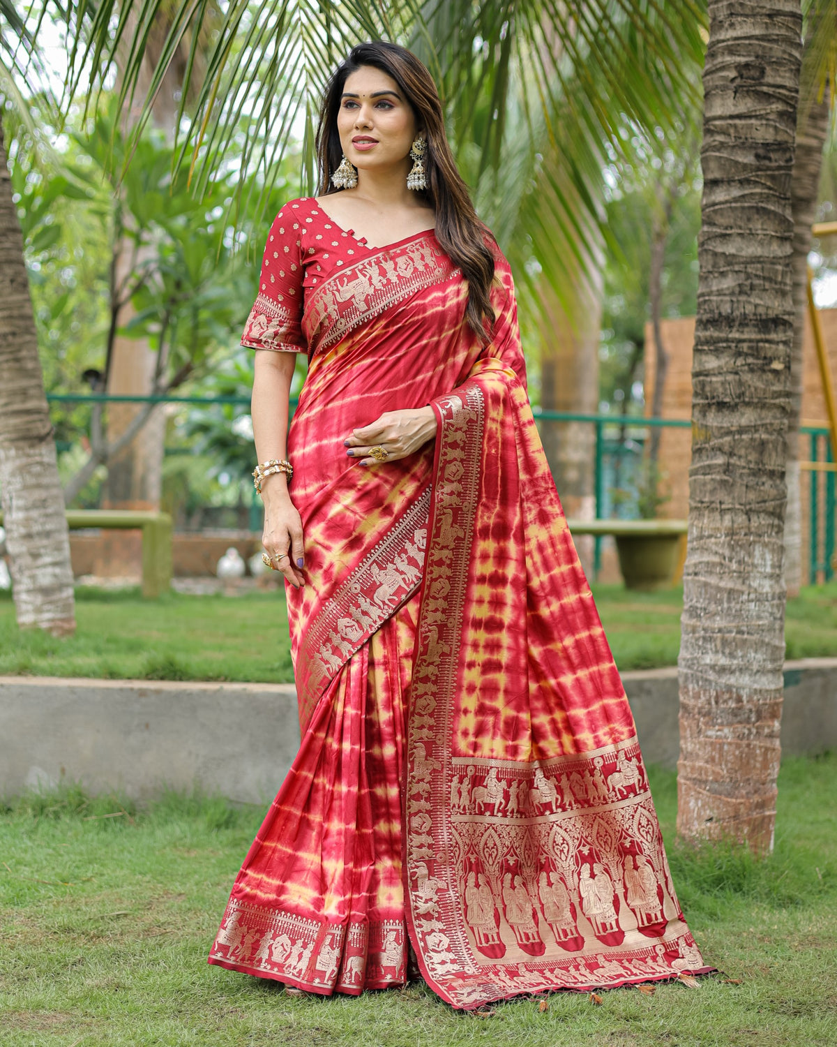 Marron And Red Soft Dola Silk Shibori Saree With Zari Weaving