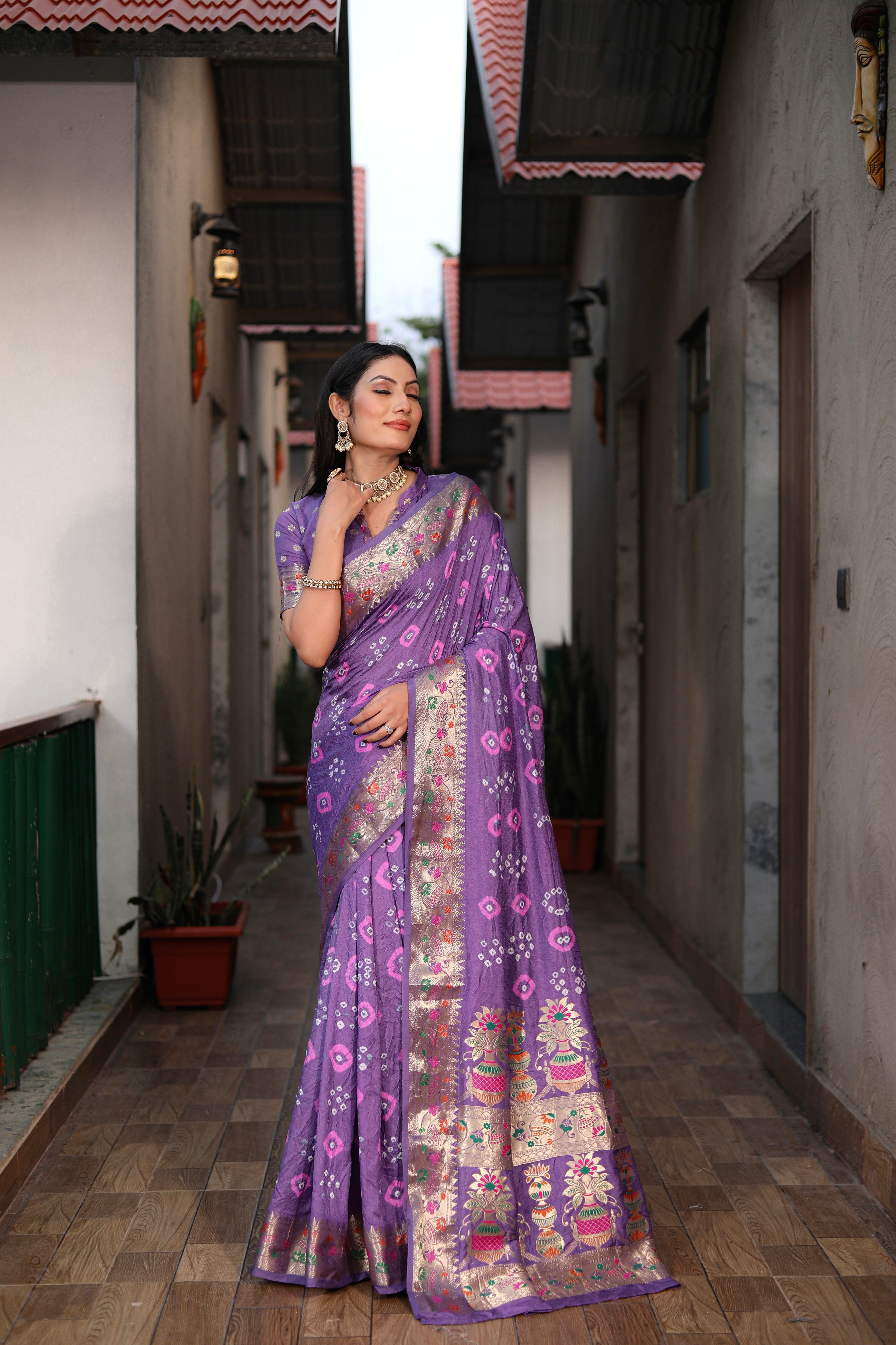 Beautiful Bandhej silk saree with Zari Weaving