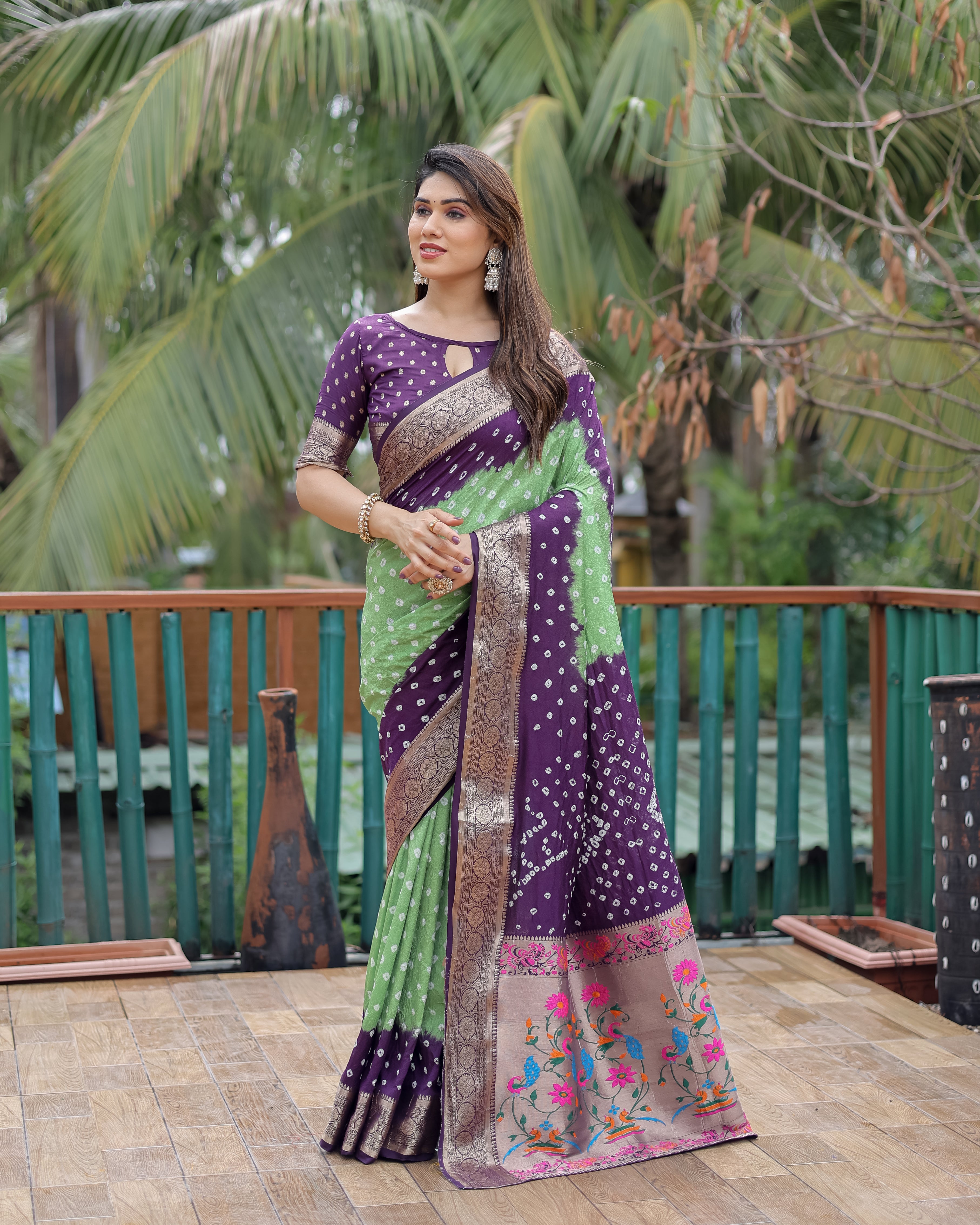 Purple And Pista Paithani with Bandhej Saree With Zari Weaving