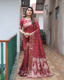 Maroon Handpicked Soft Dola Silk Bandhani Saree With Zari Weaving Design