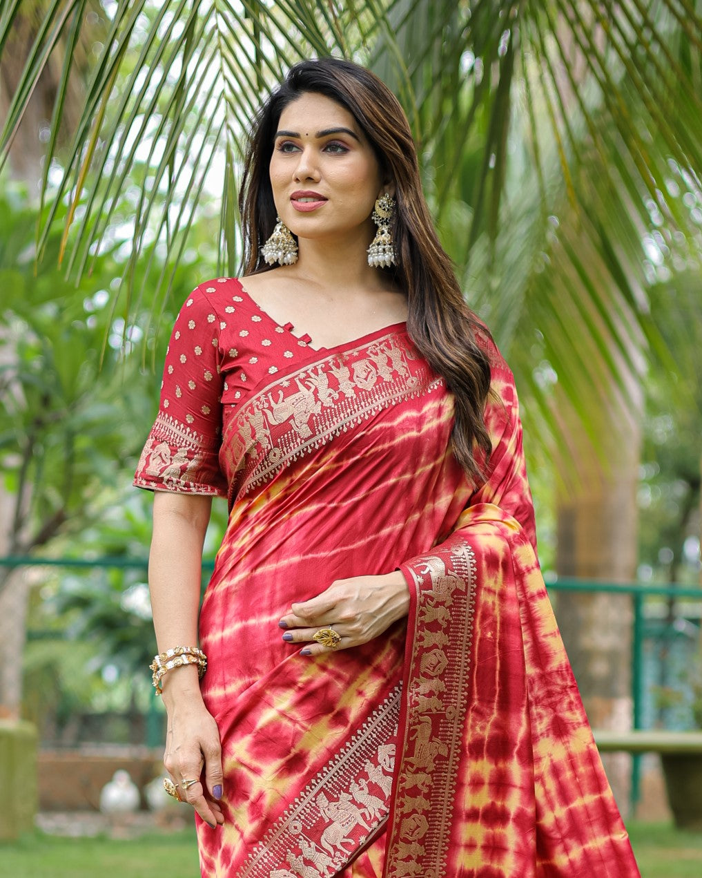 Marron And Red Soft Dola Silk Shibori Saree With Zari Weaving