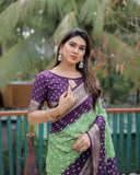 Purple And Pista Paithani with Bandhej Saree With Zari Weaving