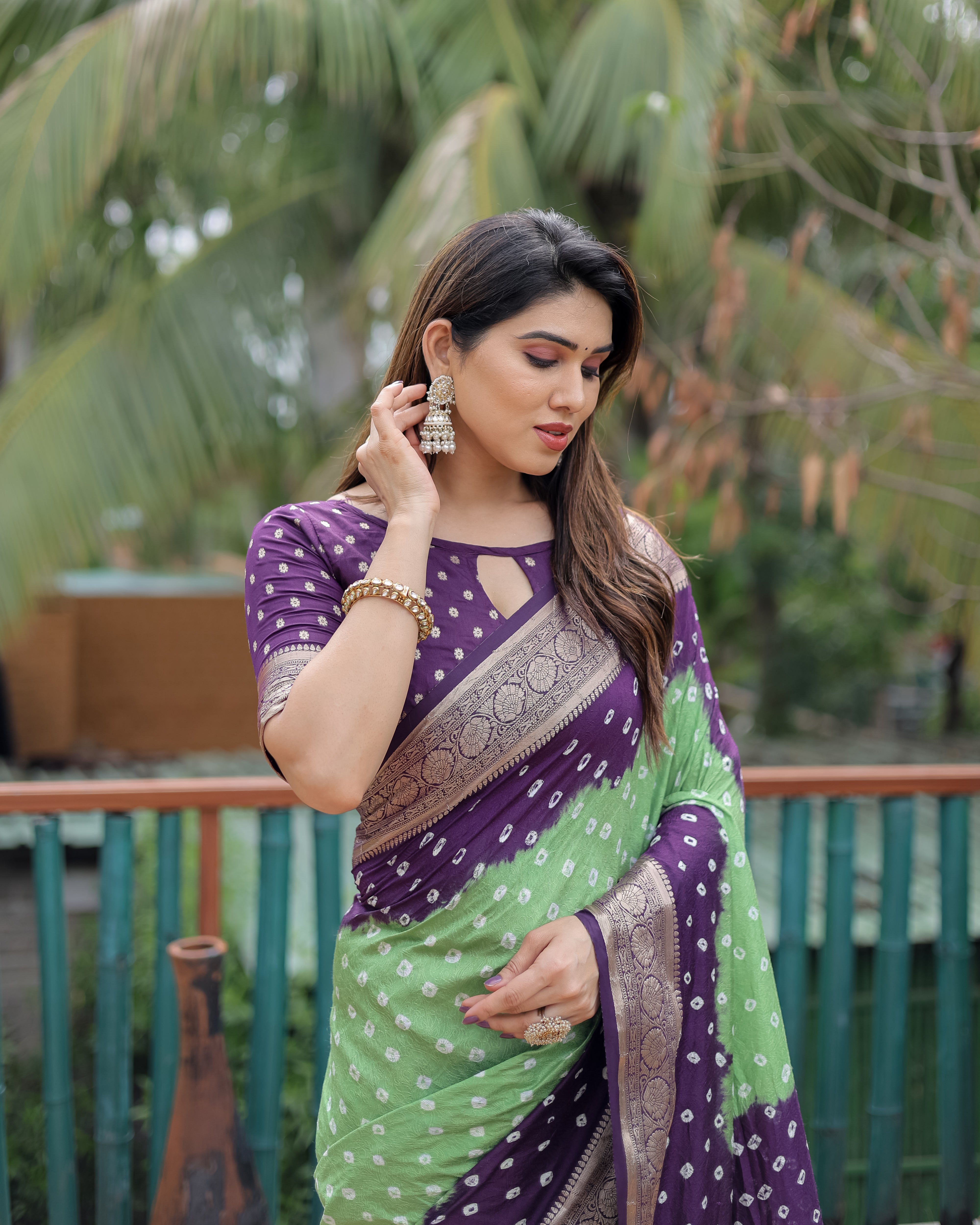 Purple And Pista Paithani with Bandhej Saree With Zari Weaving