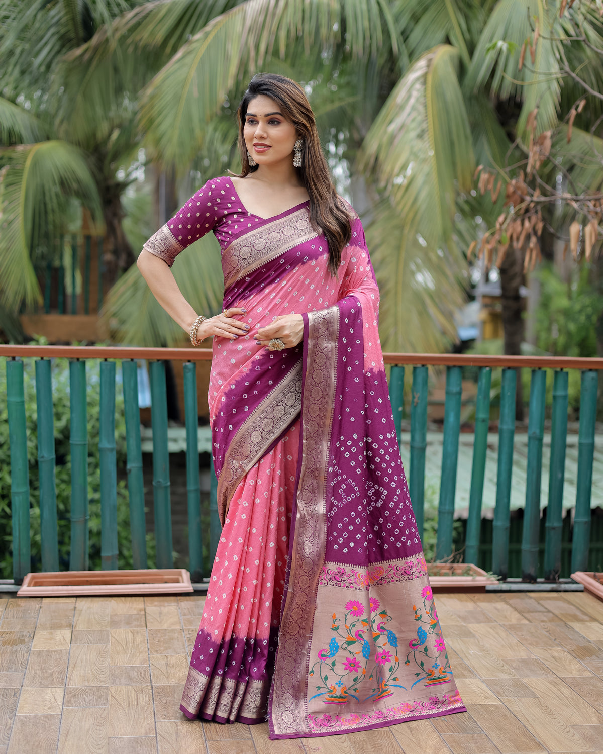 Purple And Pink Paithani with Bandhej Saree With Zari Weaving