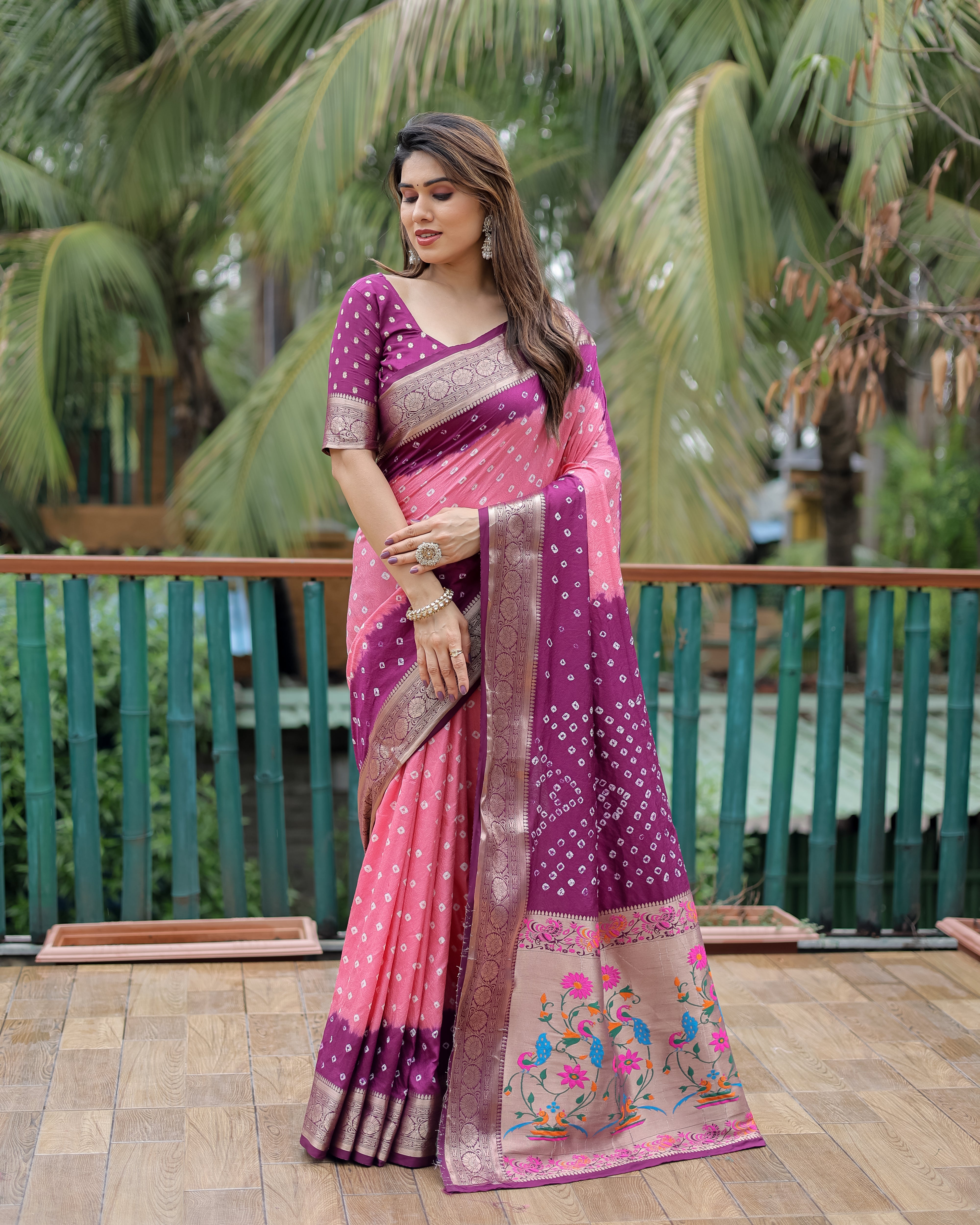 Purple And Pink Paithani with Bandhej Saree With Zari Weaving