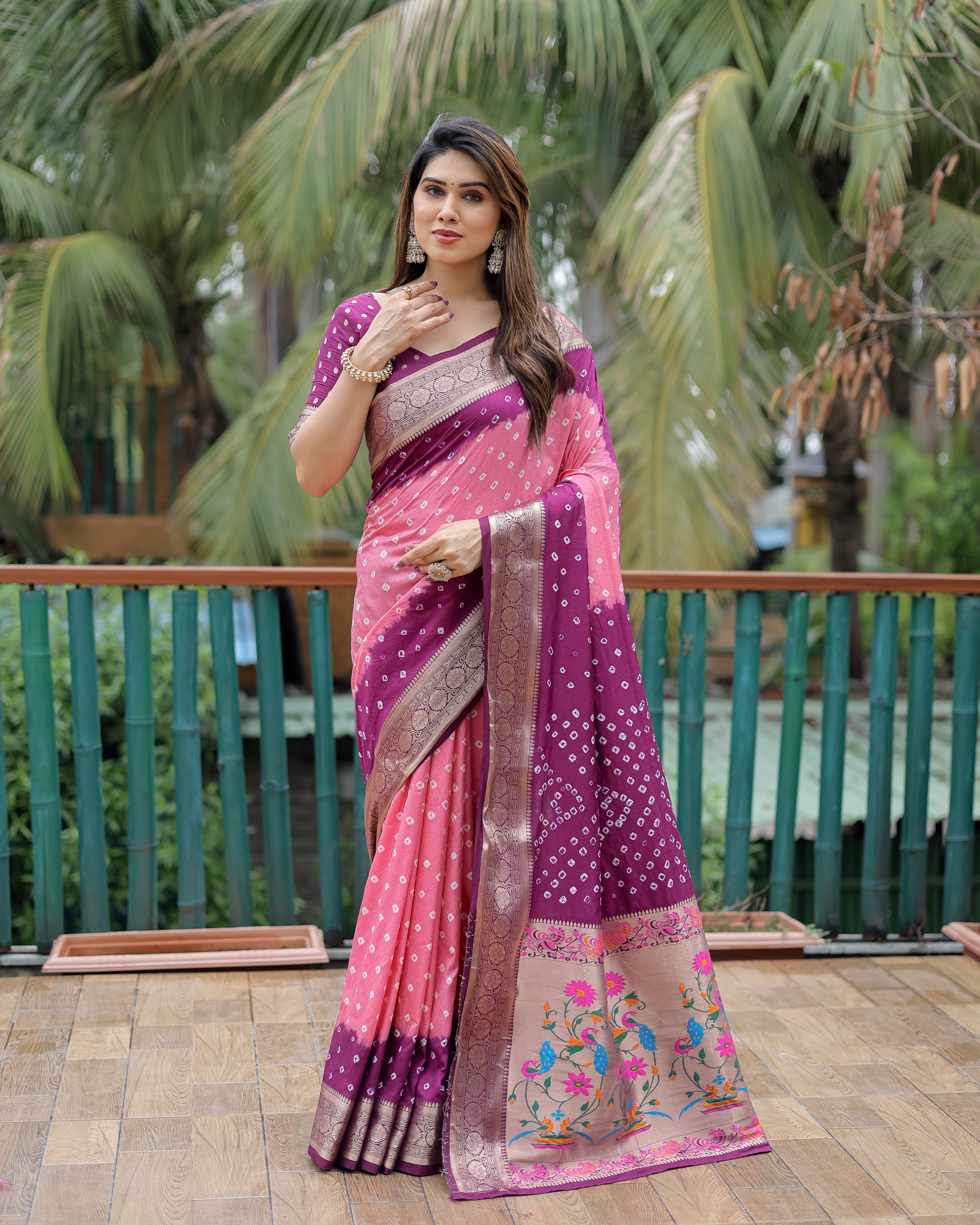 Purple And Pink Paithani with Bandhej Saree With Zari Weaving