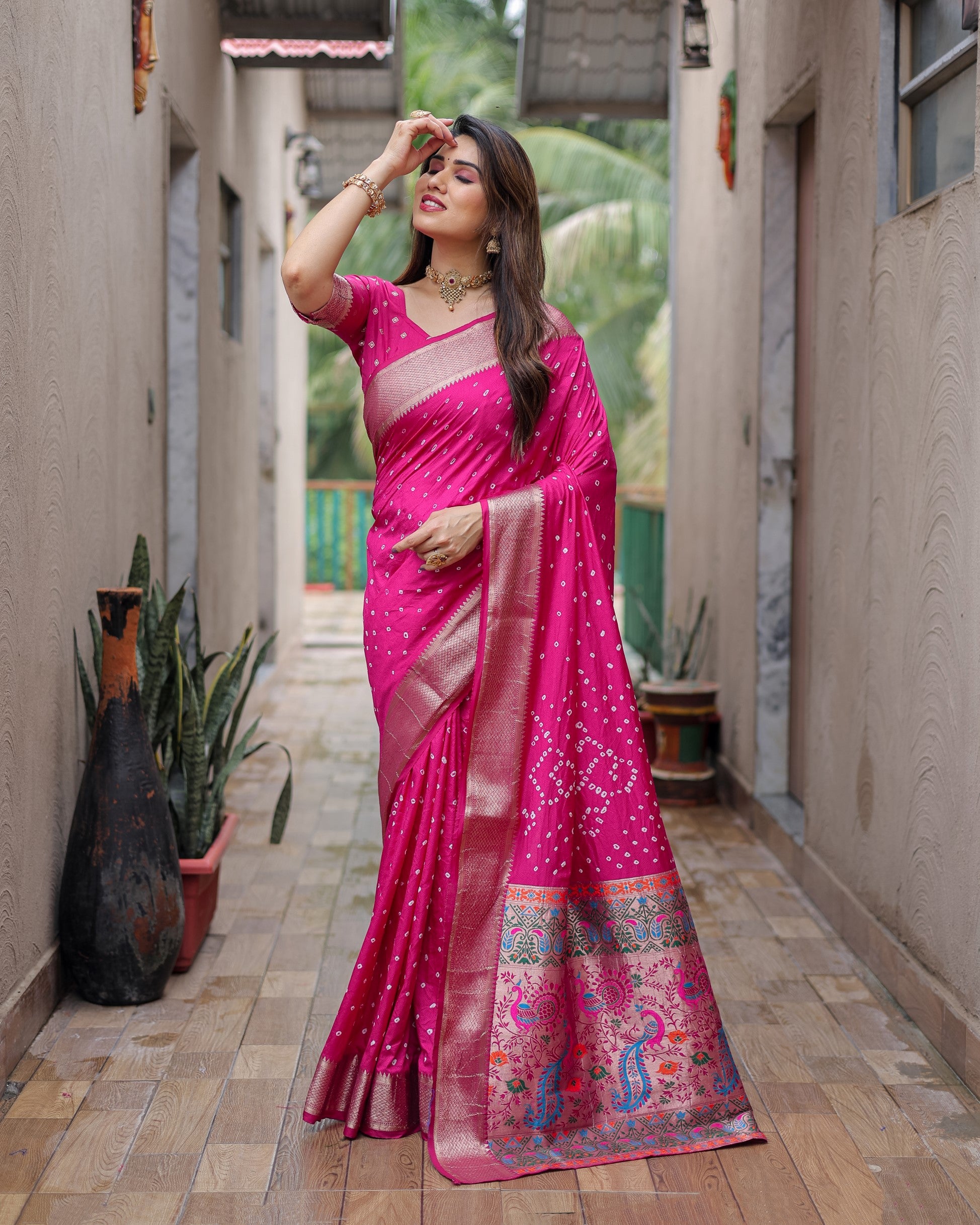 Rani Pink Exclusive Unique Designer Bandhej Paithani collection