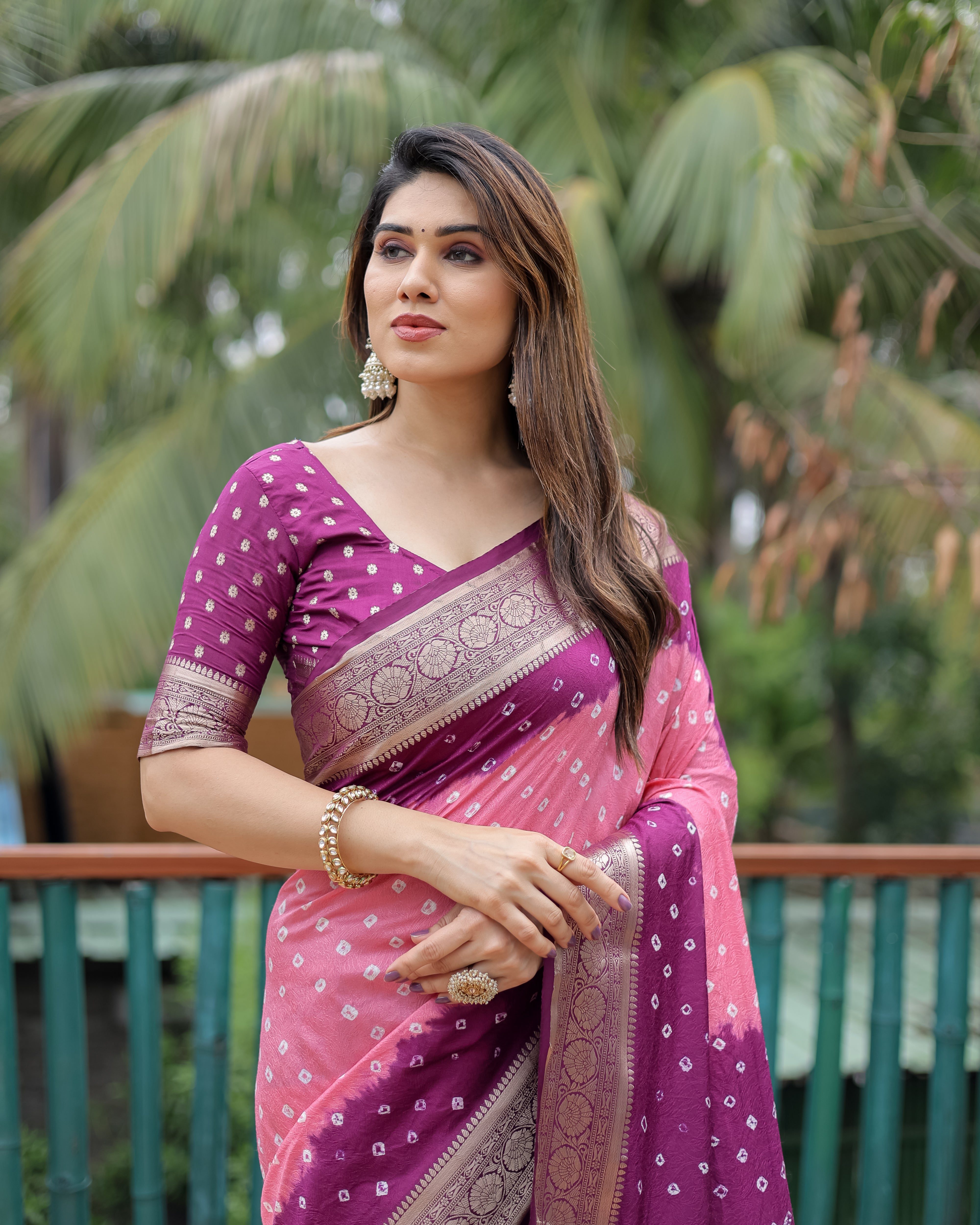 Purple And Pink Paithani with Bandhej Saree With Zari Weaving