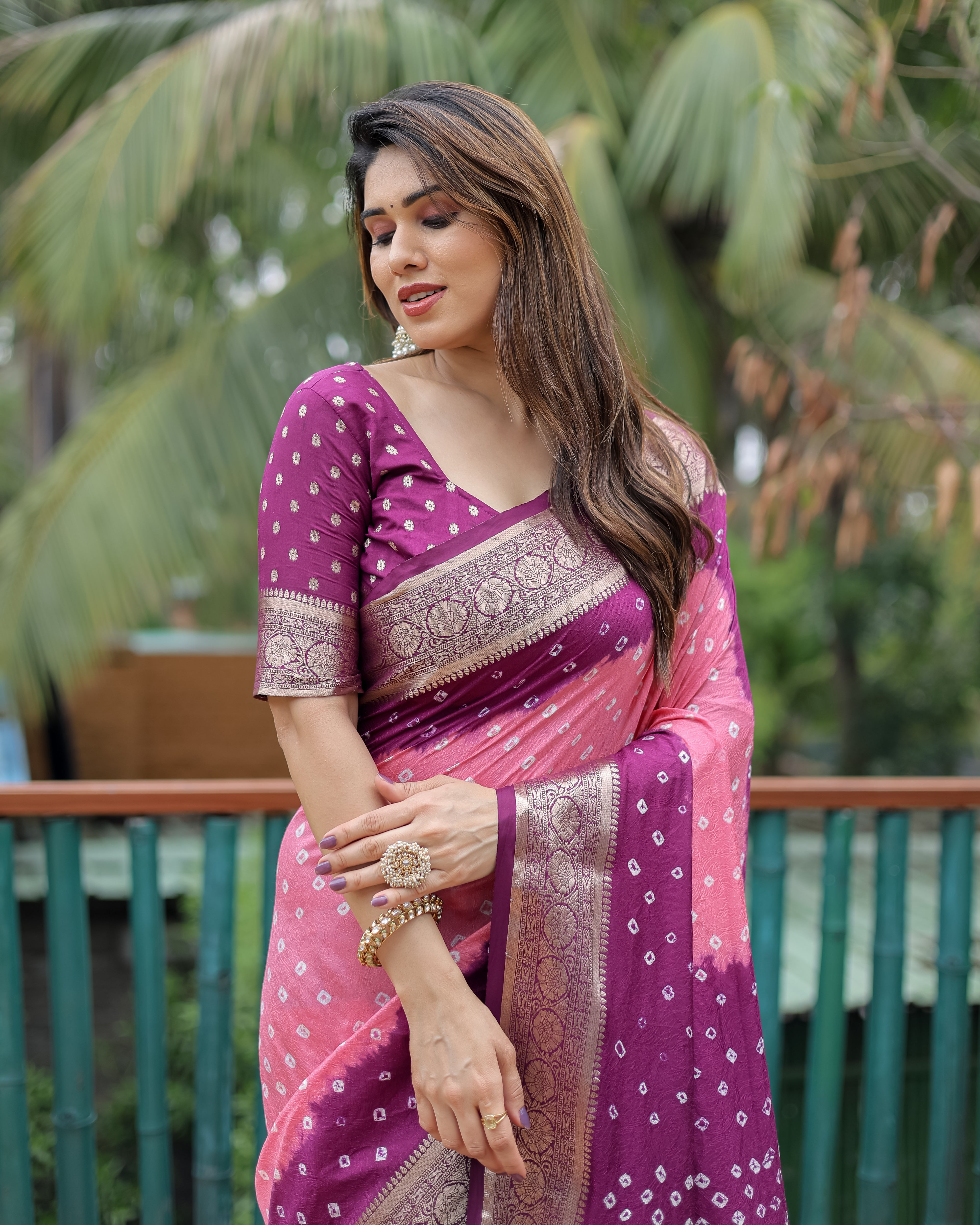 Purple And Pink Paithani with Bandhej Saree With Zari Weaving