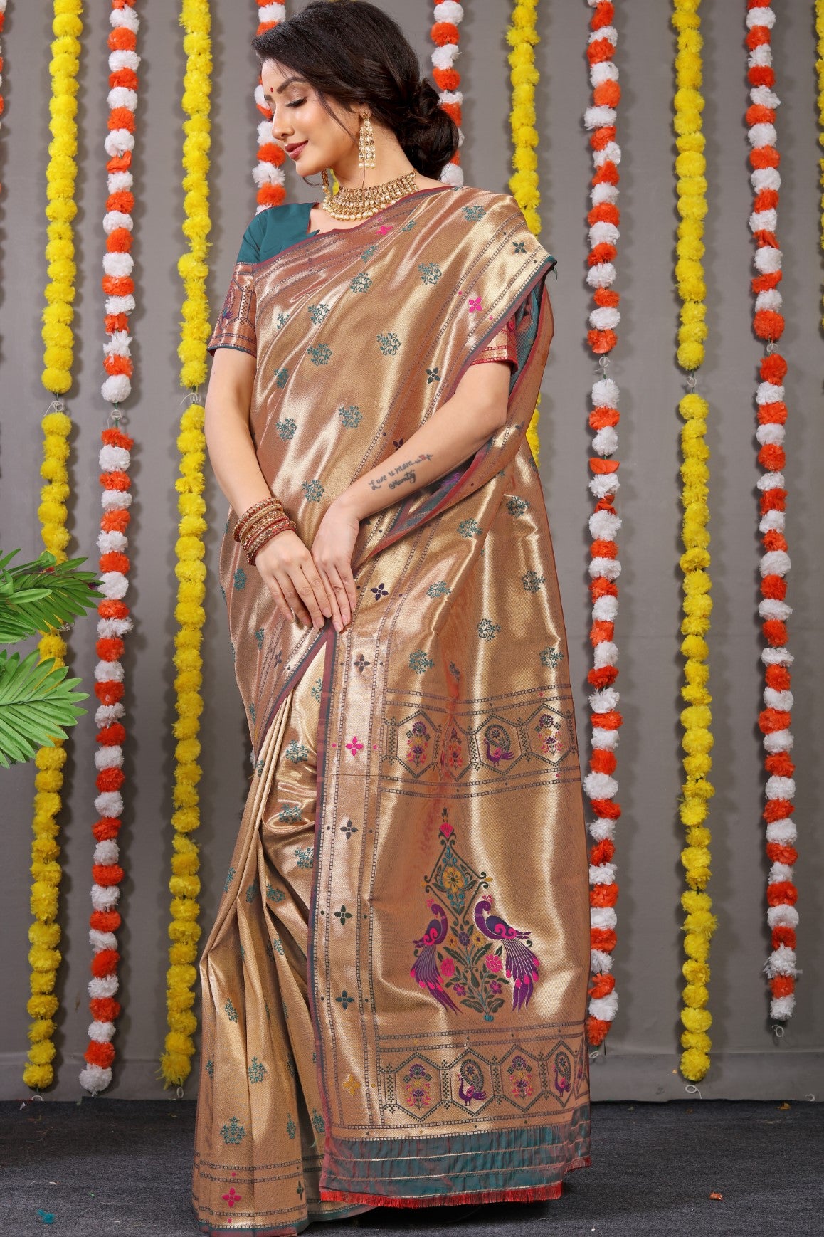 Designer Golden Peach Pure Silk Paithani Saree With Meena Work Weaving