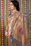 Designer Golden Peach Pure Silk Paithani Saree With Meena Work Weaving