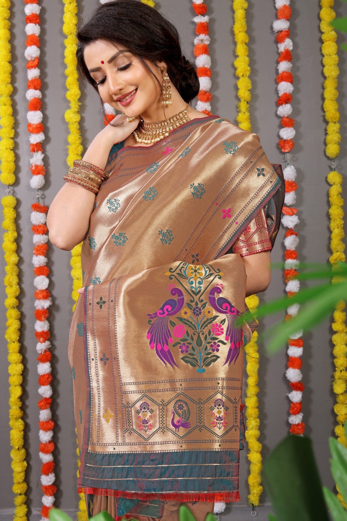 Designer Golden Peach Pure Silk Paithani Saree With Meena Work Weaving