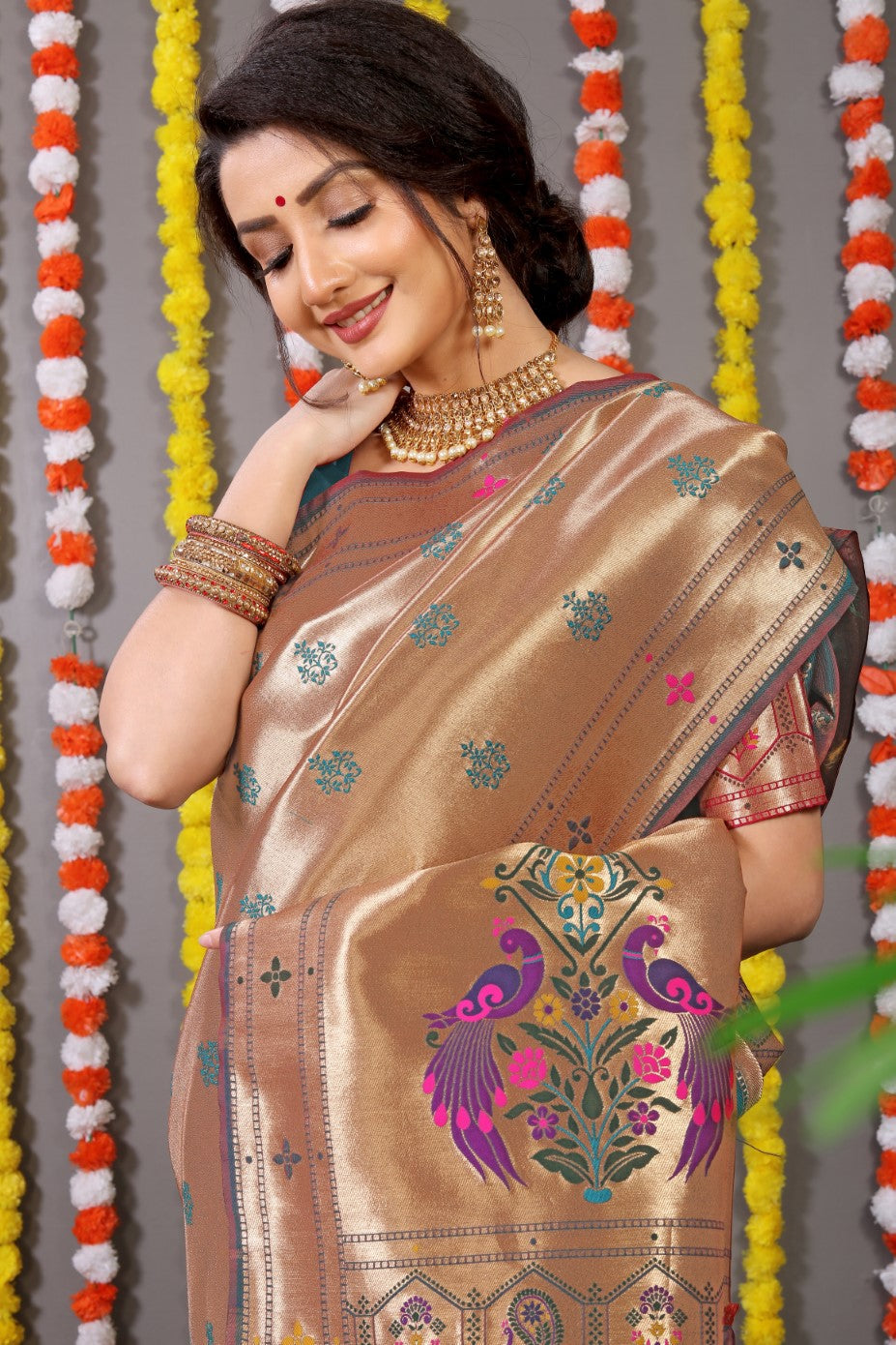 Designer Golden Peach Pure Silk Paithani Saree With Meena Work Weaving