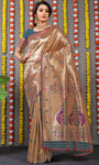 Designer Golden Peach Pure Silk Paithani Saree With Meena Work Weaving