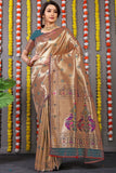 Designer Golden Peach Pure Silk Paithani Saree With Meena Work Weaving