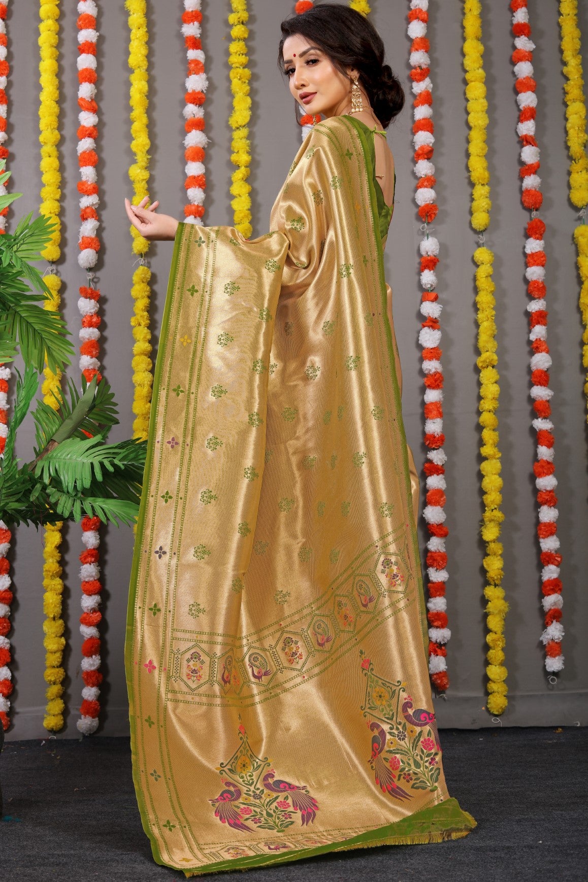 Designer Golden Mahendi Pure Silk Paithani Saree With Meena Work Weaving