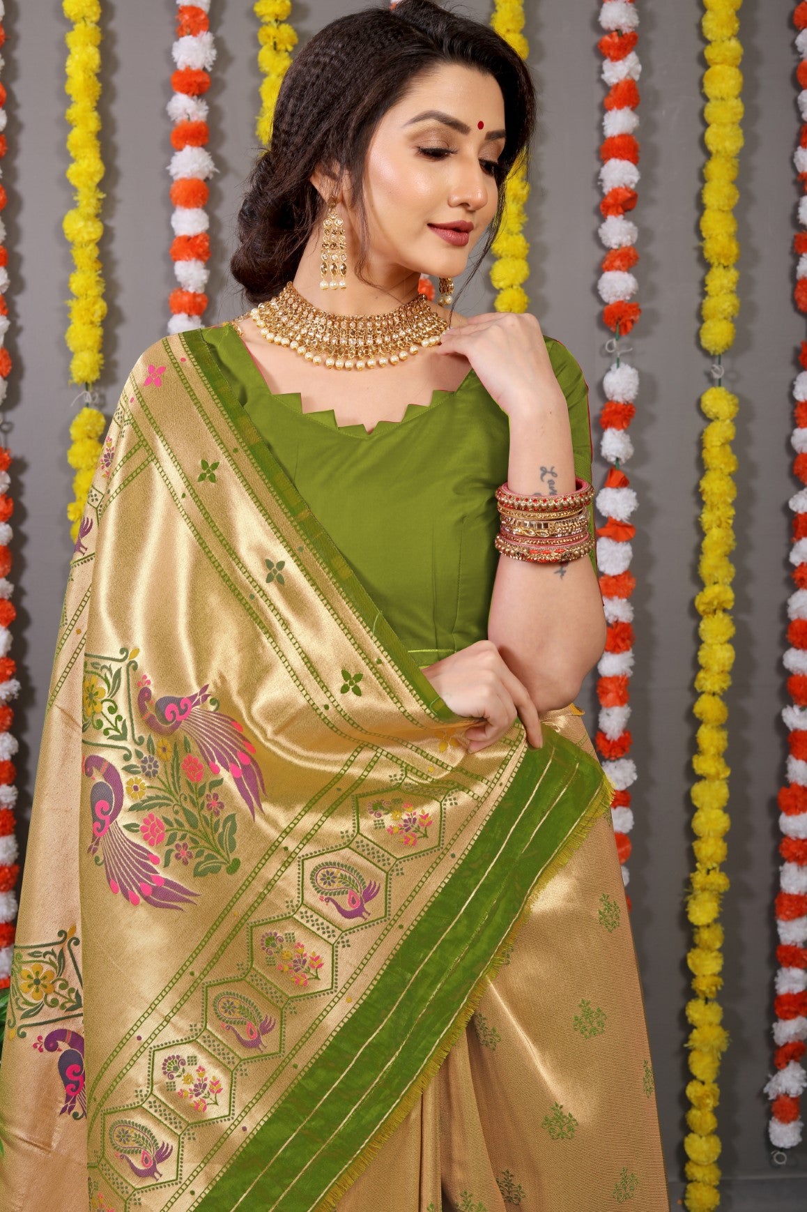 Designer Golden Mahendi Pure Silk Paithani Saree With Meena Work Weaving