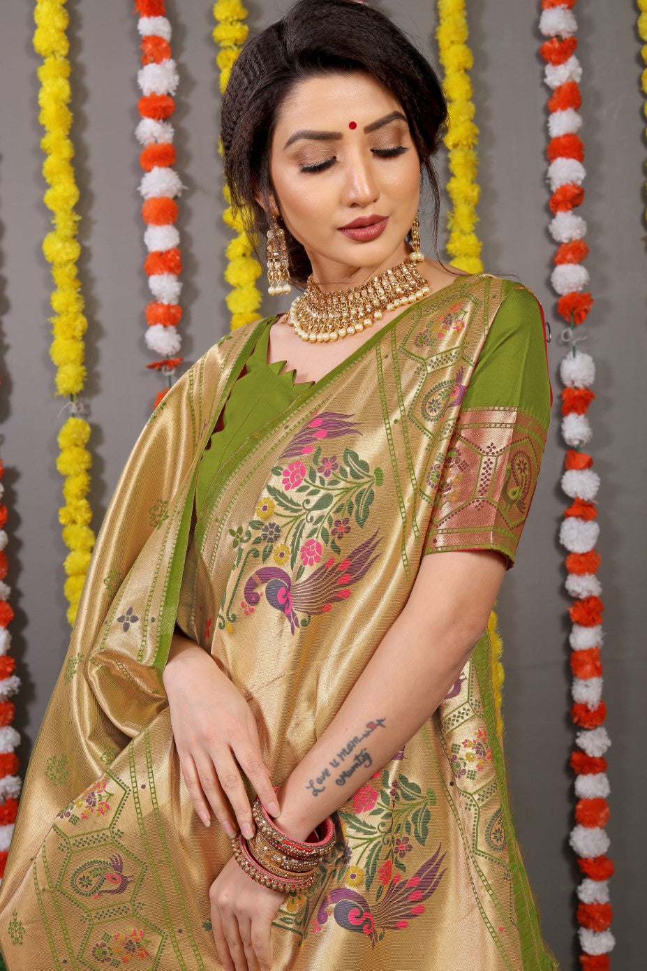 Designer Golden Mahendi Pure Silk Paithani Saree With Meena Work Weaving