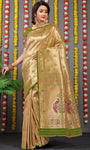 Designer Golden Mahendi Pure Silk Paithani Saree With Meena Work Weaving