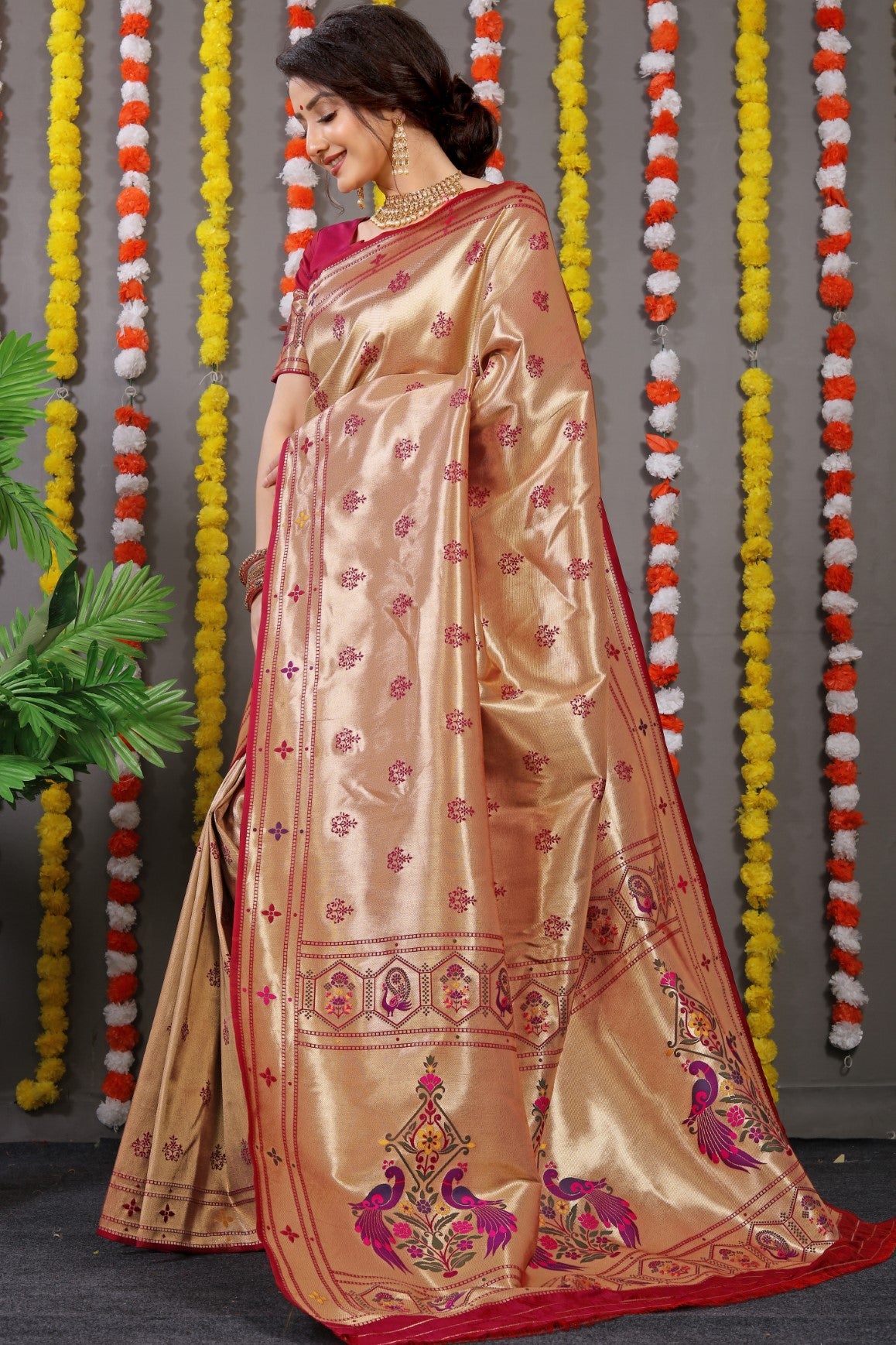 Designer Golden Maroon Pure Silk Paithani Saree With Meena Work Weaving