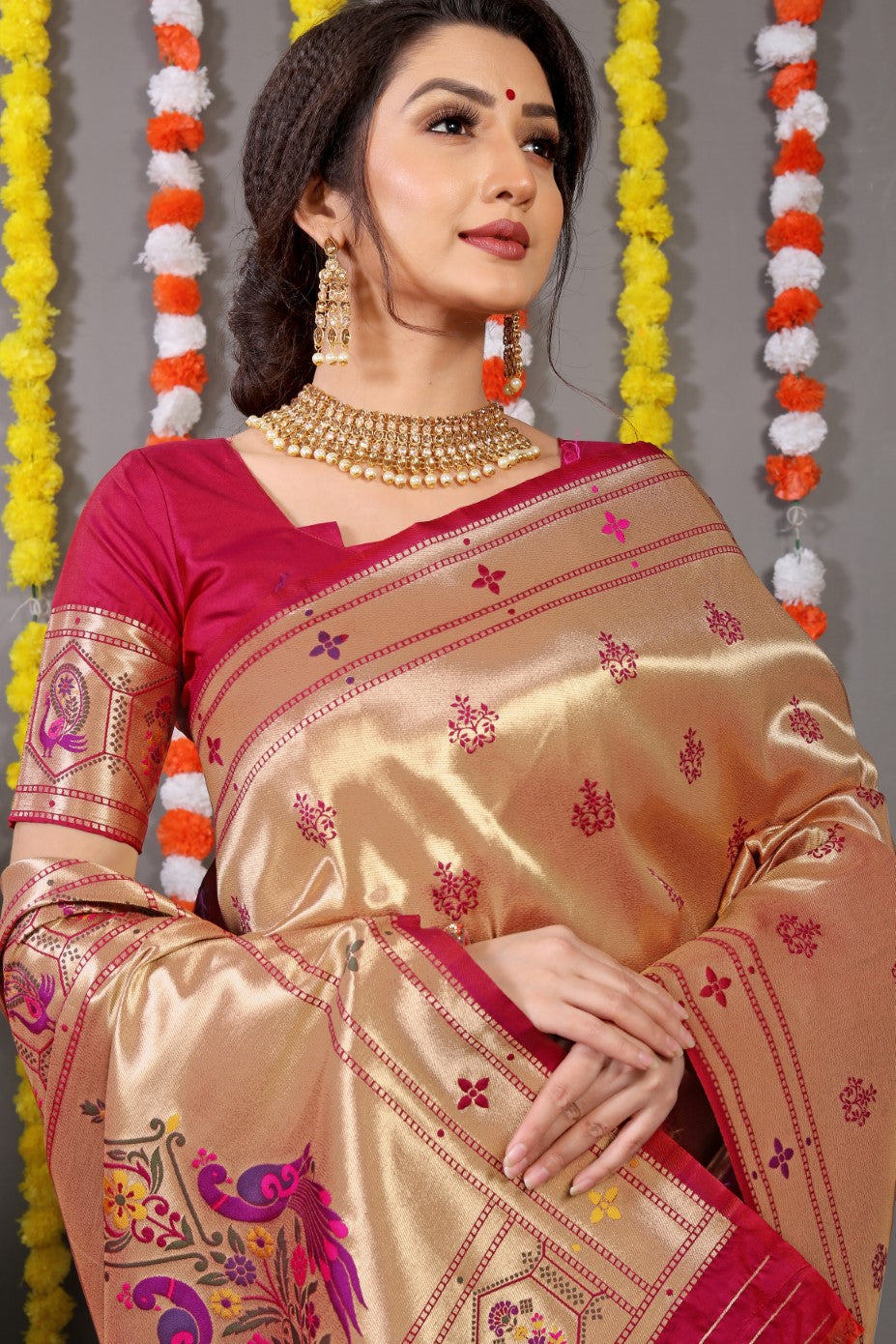 Designer Golden Maroon Pure Silk Paithani Saree With Meena Work Weaving