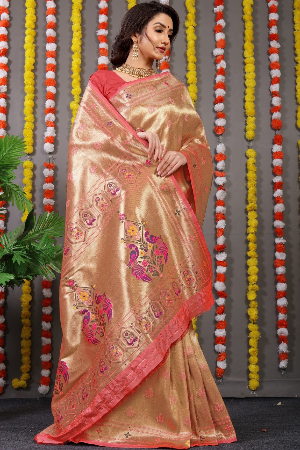 Designer Golden Orange Pure Silk Paithani Saree With Meena Work Weaving