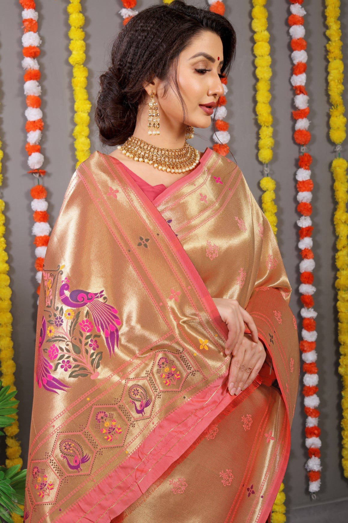 Designer Golden Orange Pure Silk Paithani Saree With Meena Work Weaving