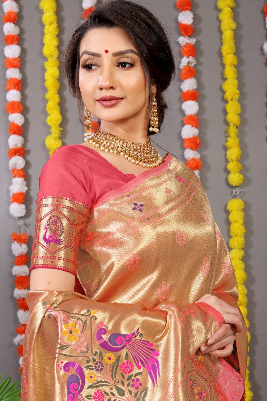 Designer Golden Orange Pure Silk Paithani Saree With Meena Work Weaving