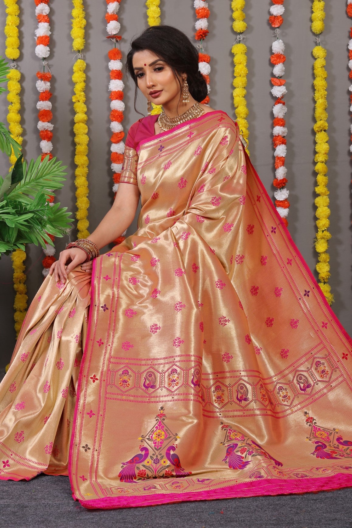 Designer Golden Pink Pure Silk Paithani Saree With Meena Work Weaving