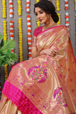 Designer Golden Pink Pure Silk Paithani Saree With Meena Work Weaving